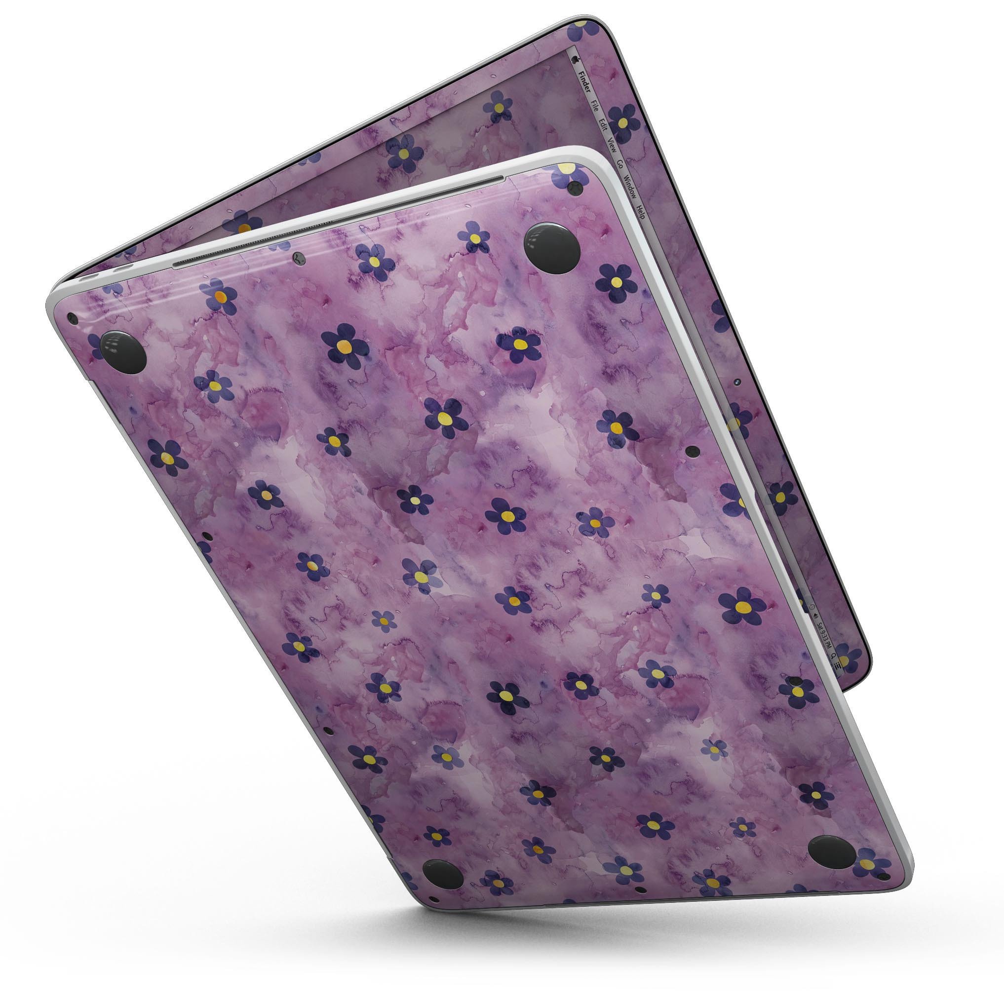 Cute watercolor flowers design skin for 13" MacBook Pro without Touch Bar, showcasing vibrant colors on a purple background.