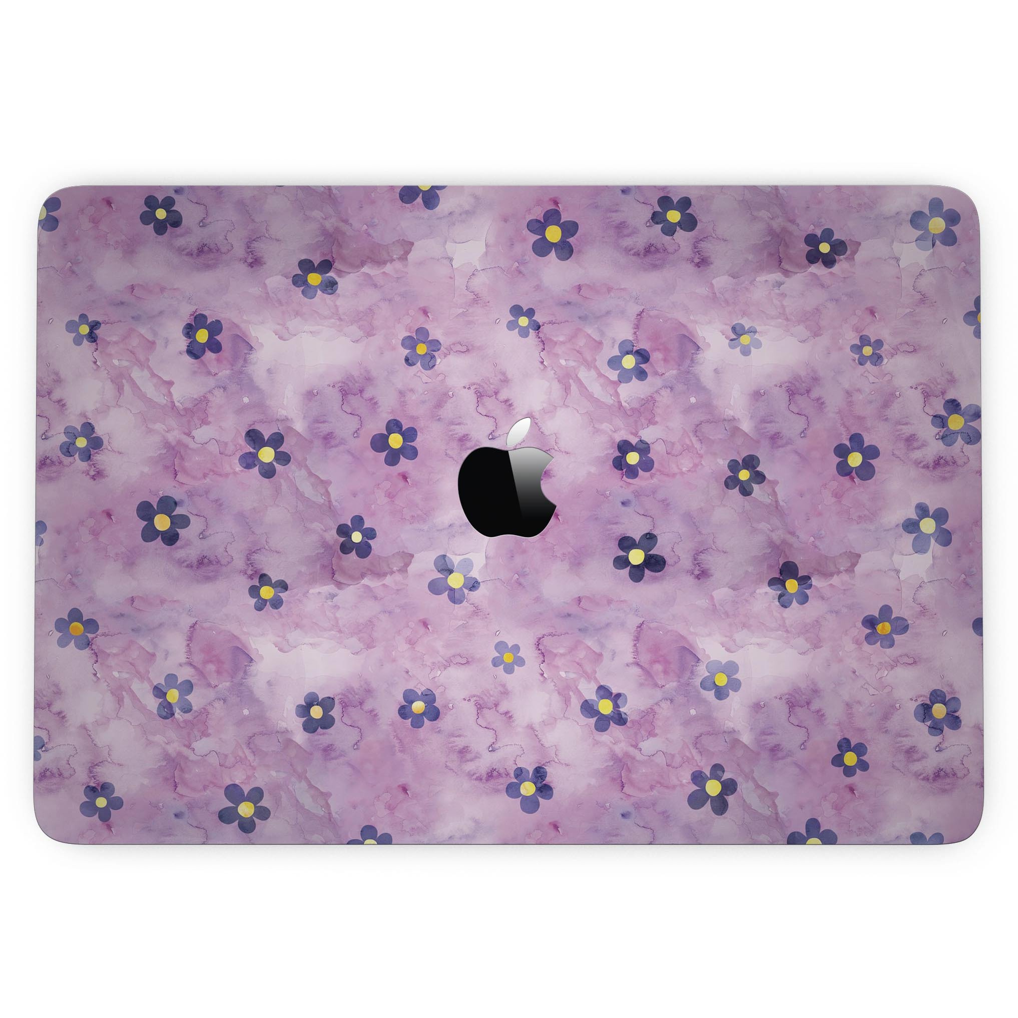 Cute watercolor flowers design skin for 13" MacBook Pro without Touch Bar, showcasing vibrant colors on a purple background.