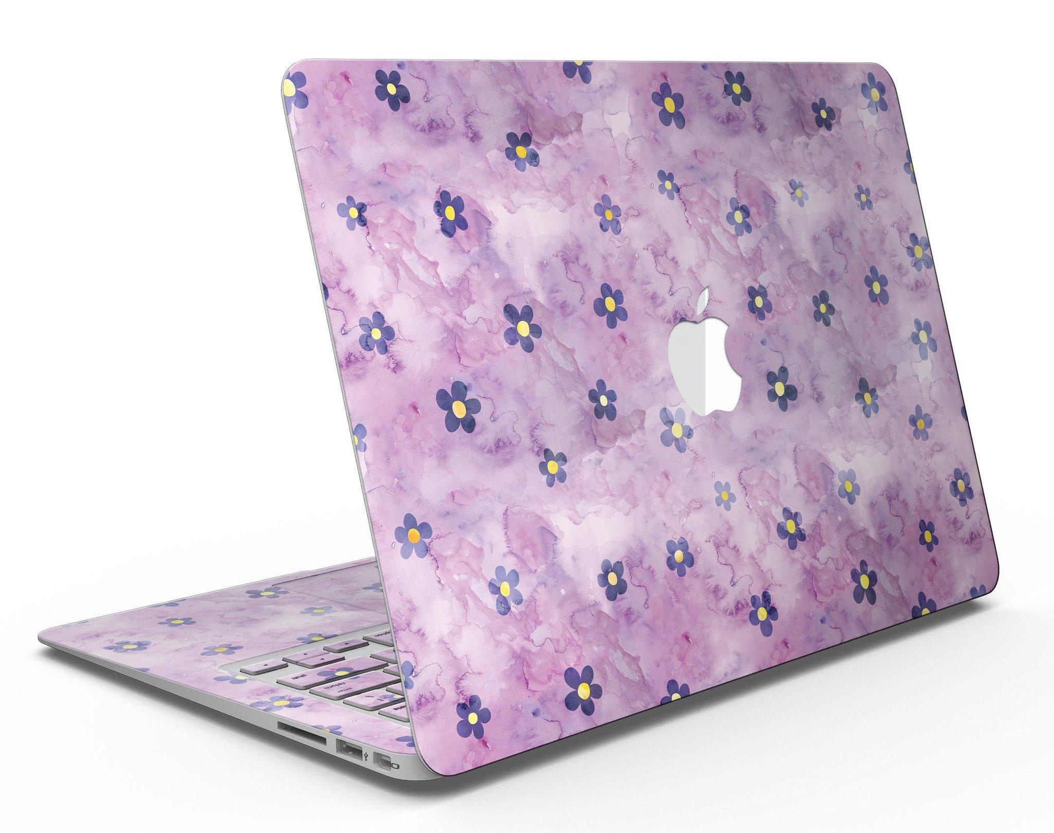 Cute Watercolor Flowers skin kit for MacBook Air, featuring vibrant floral designs on a purple background, showcasing style and protection.