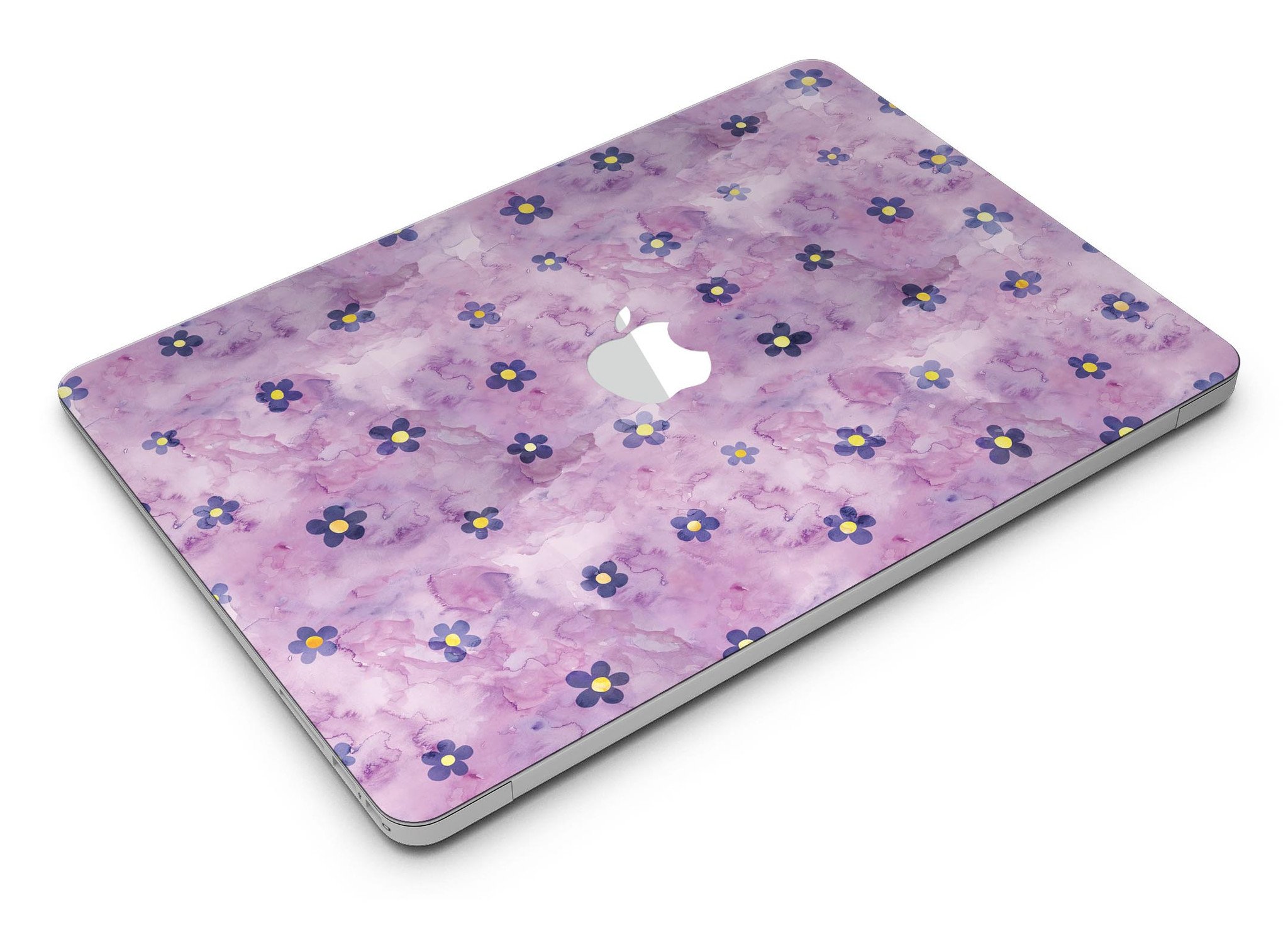 Cute Watercolor Flowers skin kit for MacBook Air, featuring vibrant floral designs on a purple background, showcasing style and protection.