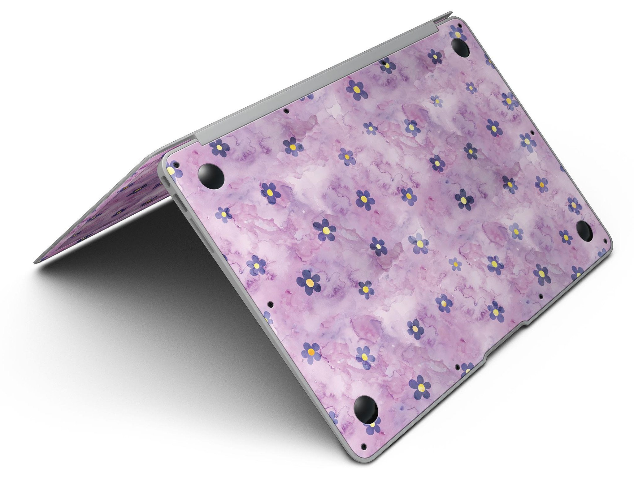 Cute Watercolor Flowers skin kit for MacBook Air, featuring vibrant floral designs on a purple background, showcasing style and protection.