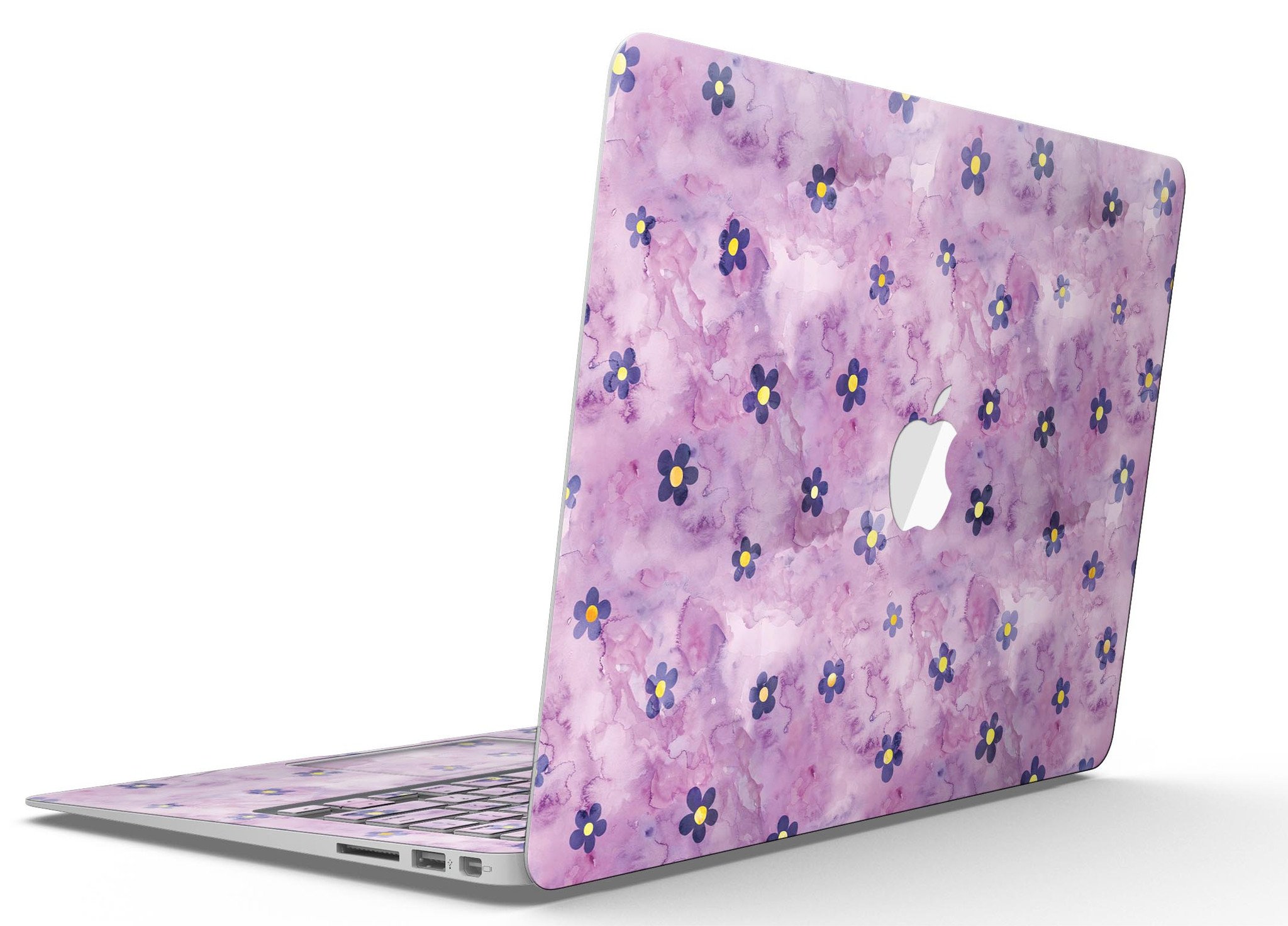 Cute Watercolor Flowers skin kit for MacBook Air, featuring vibrant floral designs on a purple background, showcasing style and protection.