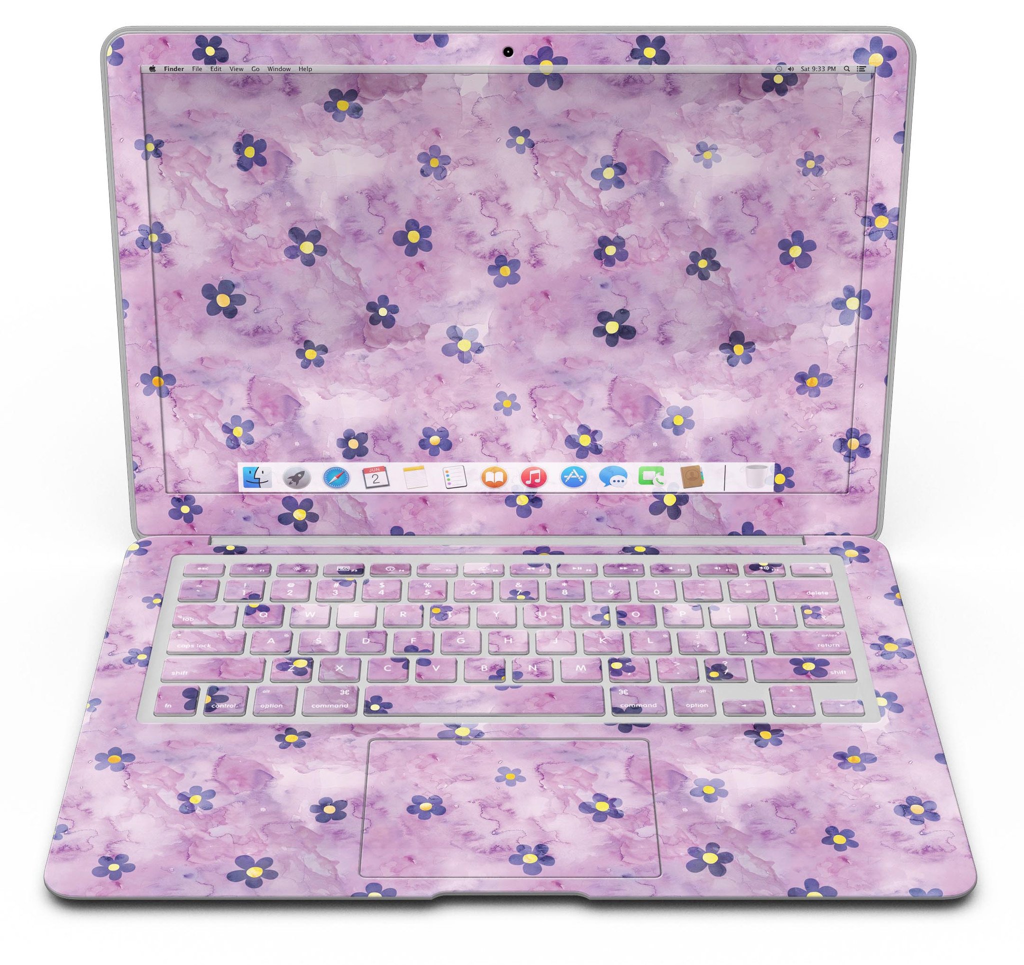 Cute Watercolor Flowers skin kit for MacBook Air, featuring vibrant floral designs on a purple background, showcasing style and protection.