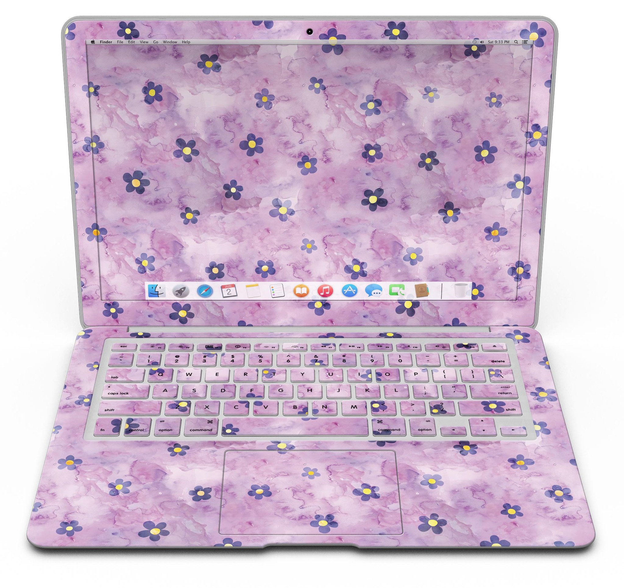 Cute Watercolor Flowers skin kit for MacBook Air, featuring vibrant floral designs on a purple background, showcasing style and protection.