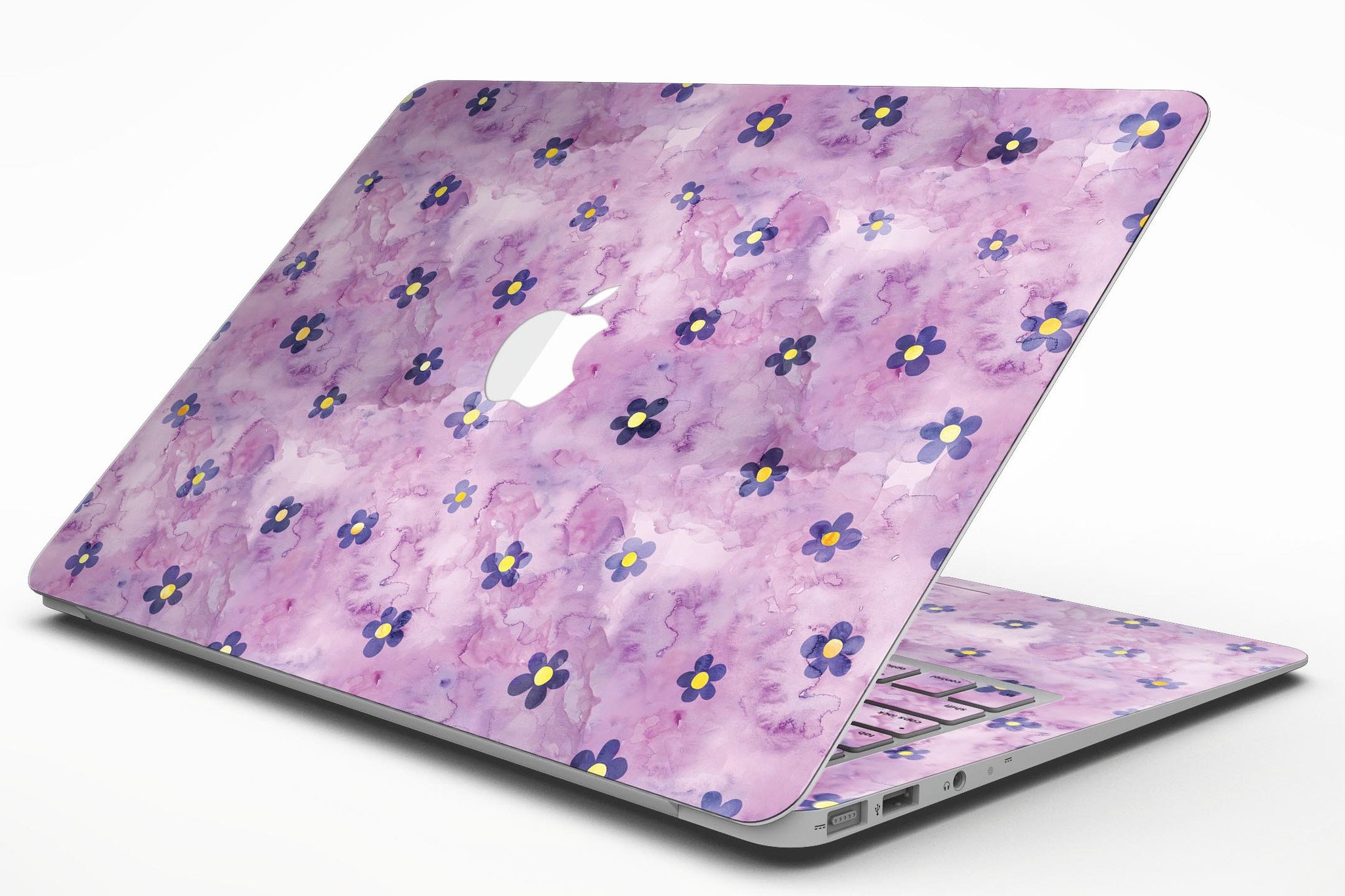 Cute Watercolor Flowers skin kit for MacBook Air, featuring vibrant floral designs on a purple background, showcasing style and protection.