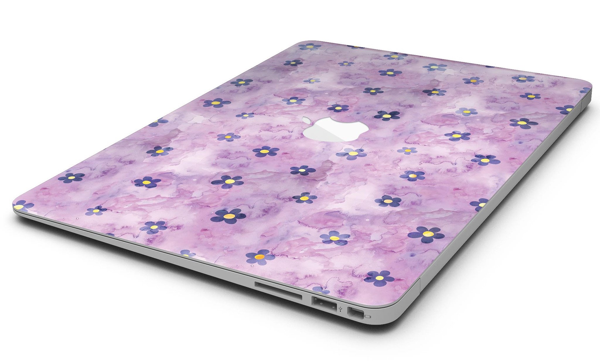 Cute Watercolor Flowers skin kit for MacBook Air, featuring vibrant floral designs on a purple background, showcasing style and protection.