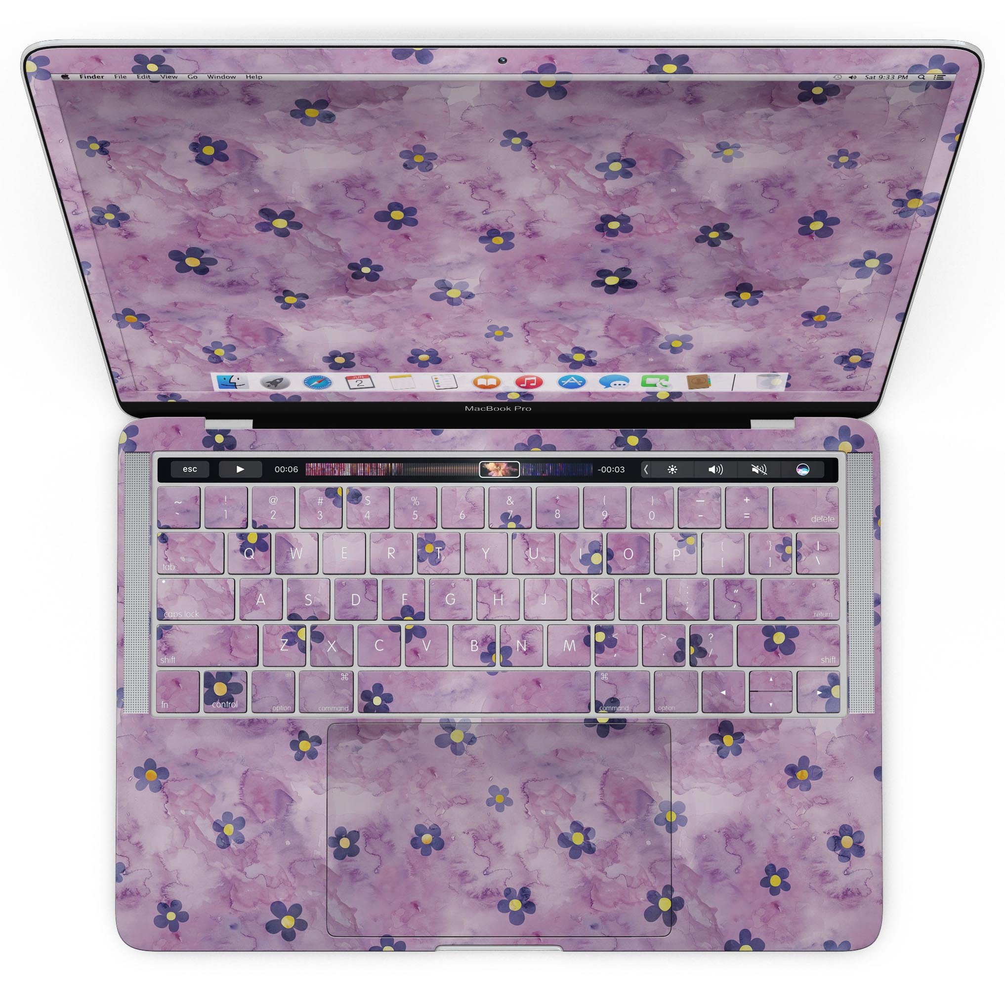 Cute Watercolor Flowers skin for MacBook Pro with Touch Bar, showcasing vibrant floral design on a purple background.