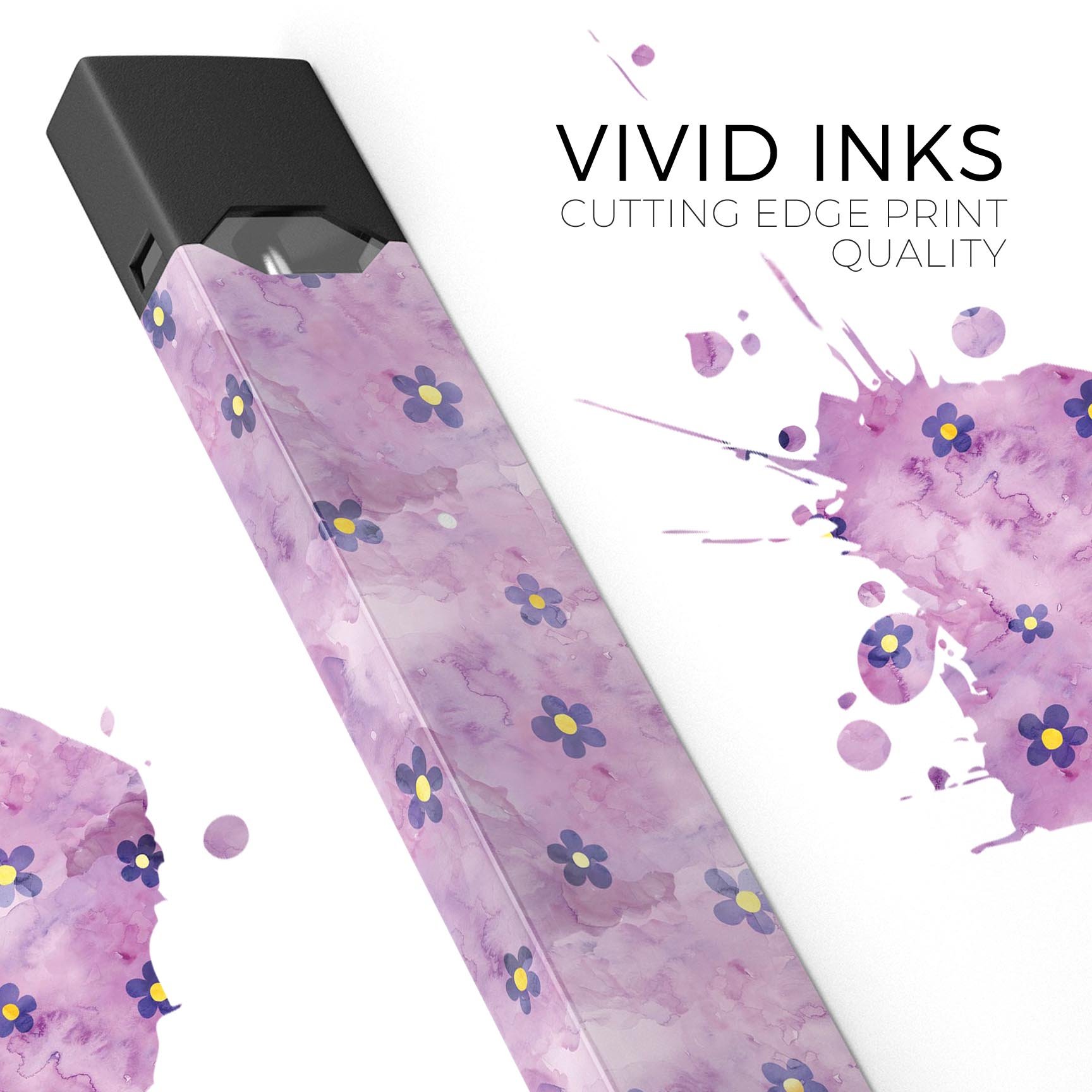 Cute Watercolor Flowers decal on a purple background designed for JUUL vaping device, showcasing vibrant floral patterns.