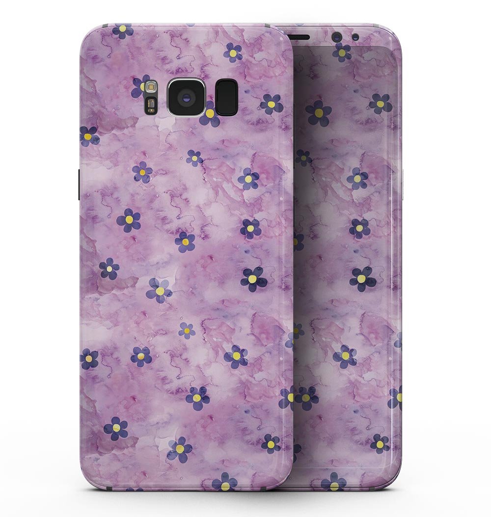 Samsung Galaxy S8 with Cute Watercolor Flowers skin, showcasing vibrant floral design on a purple background.