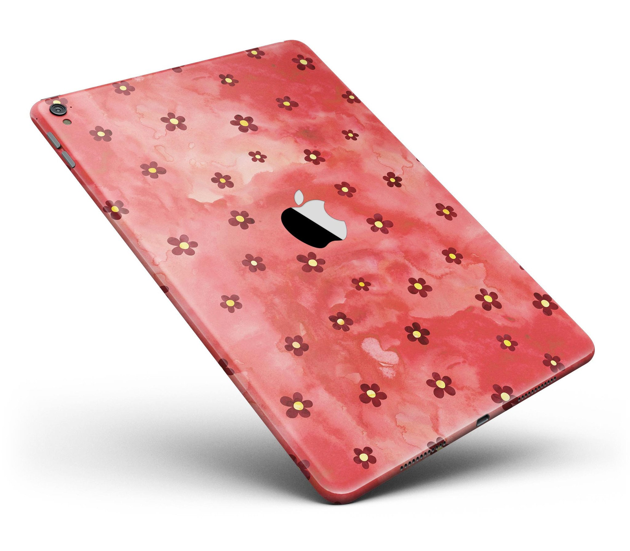 Cute watercolor flowers design on a red full body skin for the iPad Pro, showcasing vibrant colors and a stylish look.