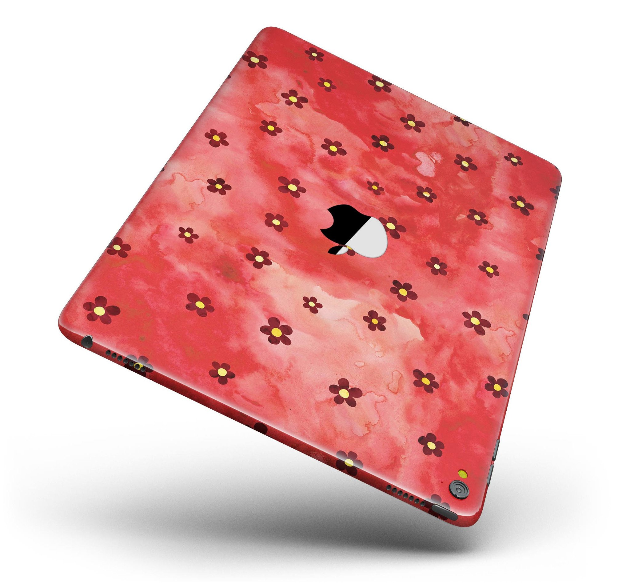 Cute watercolor flowers design on a red full body skin for the iPad Pro, showcasing vibrant colors and a stylish look.