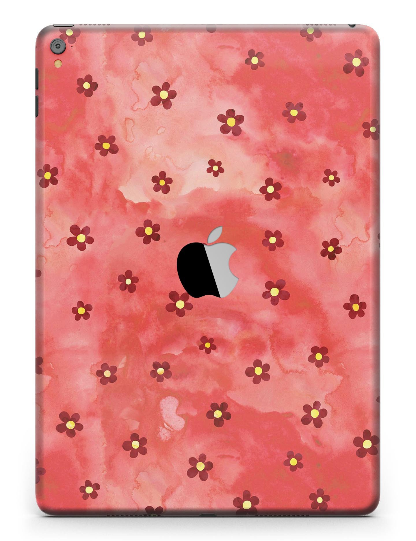 Cute watercolor flowers design on a red full body skin for the iPad Pro, showcasing vibrant colors and a stylish look.