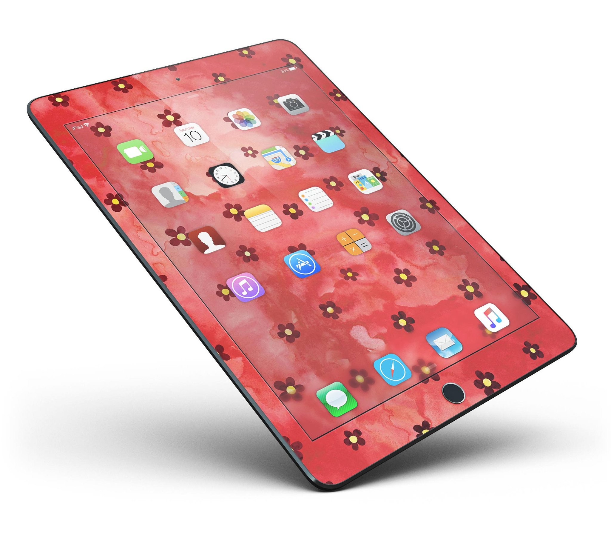 Cute watercolor flowers design on a red full body skin for the iPad Pro, showcasing vibrant colors and a stylish look.