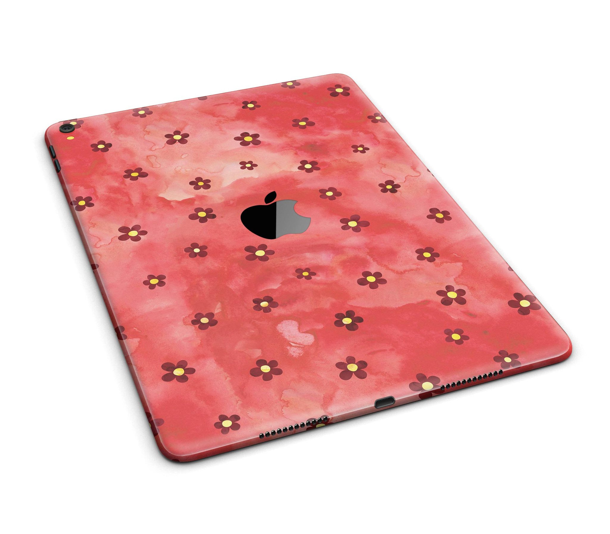 Cute watercolor flowers design on a red full body skin for the iPad Pro, showcasing vibrant colors and a stylish look.