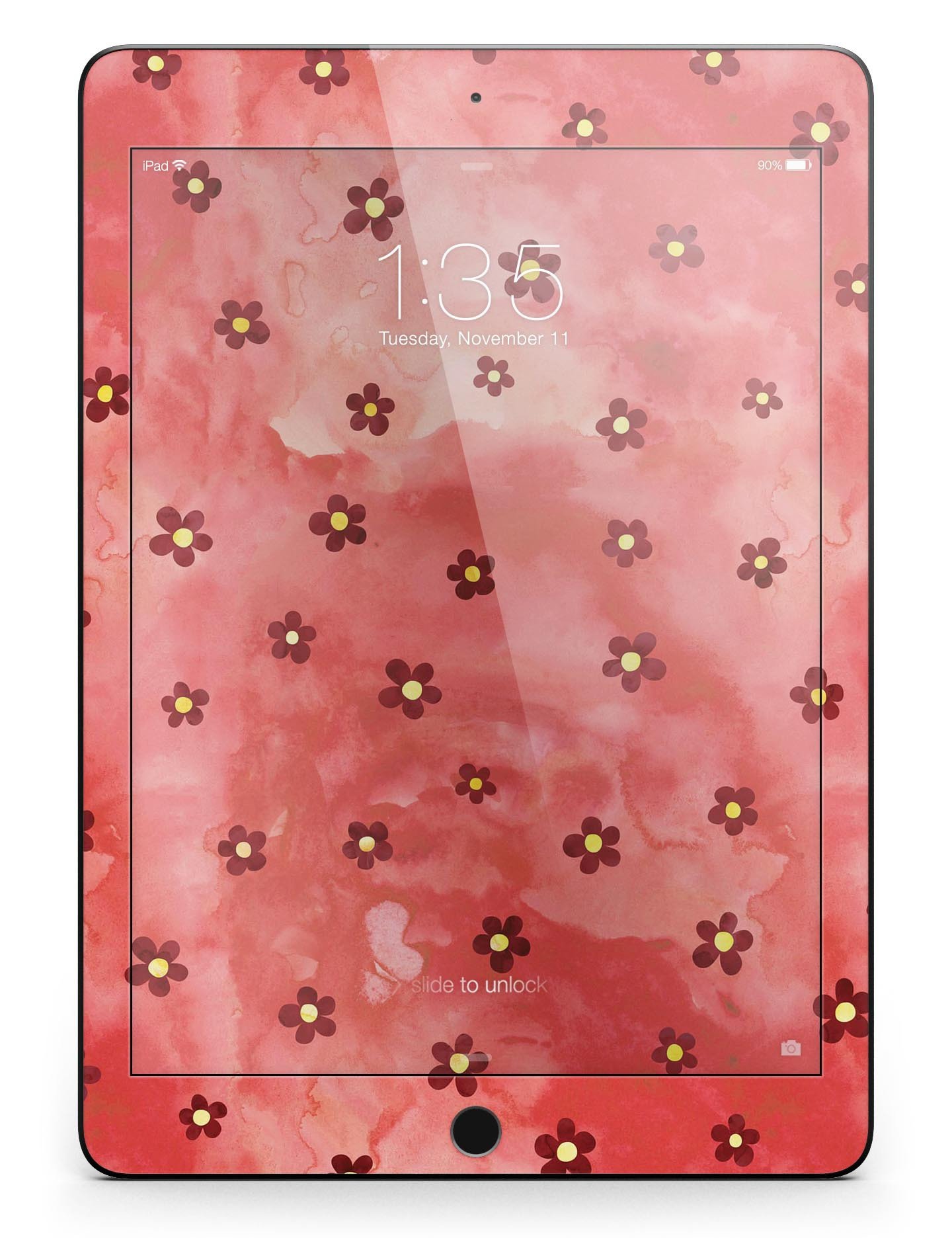 Cute watercolor flowers design on a red full body skin for the iPad Pro, showcasing vibrant colors and a stylish look.