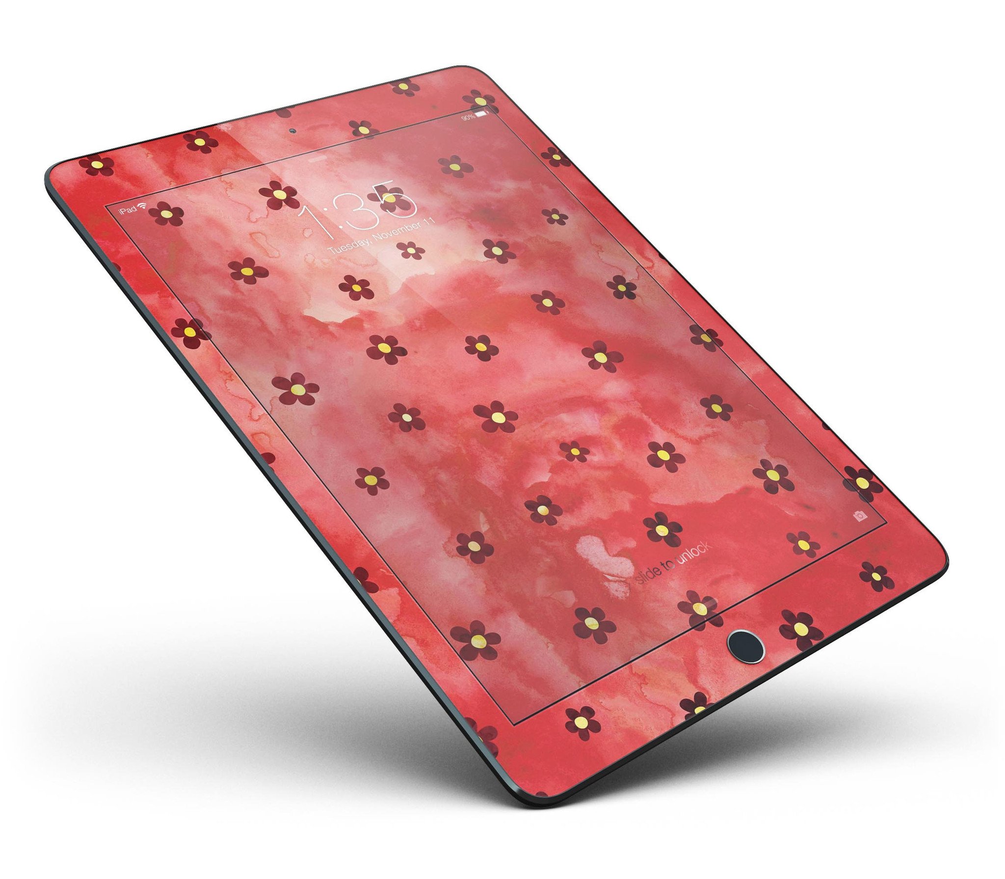 Cute watercolor flowers design on a red full body skin for the iPad Pro, showcasing vibrant colors and a stylish look.