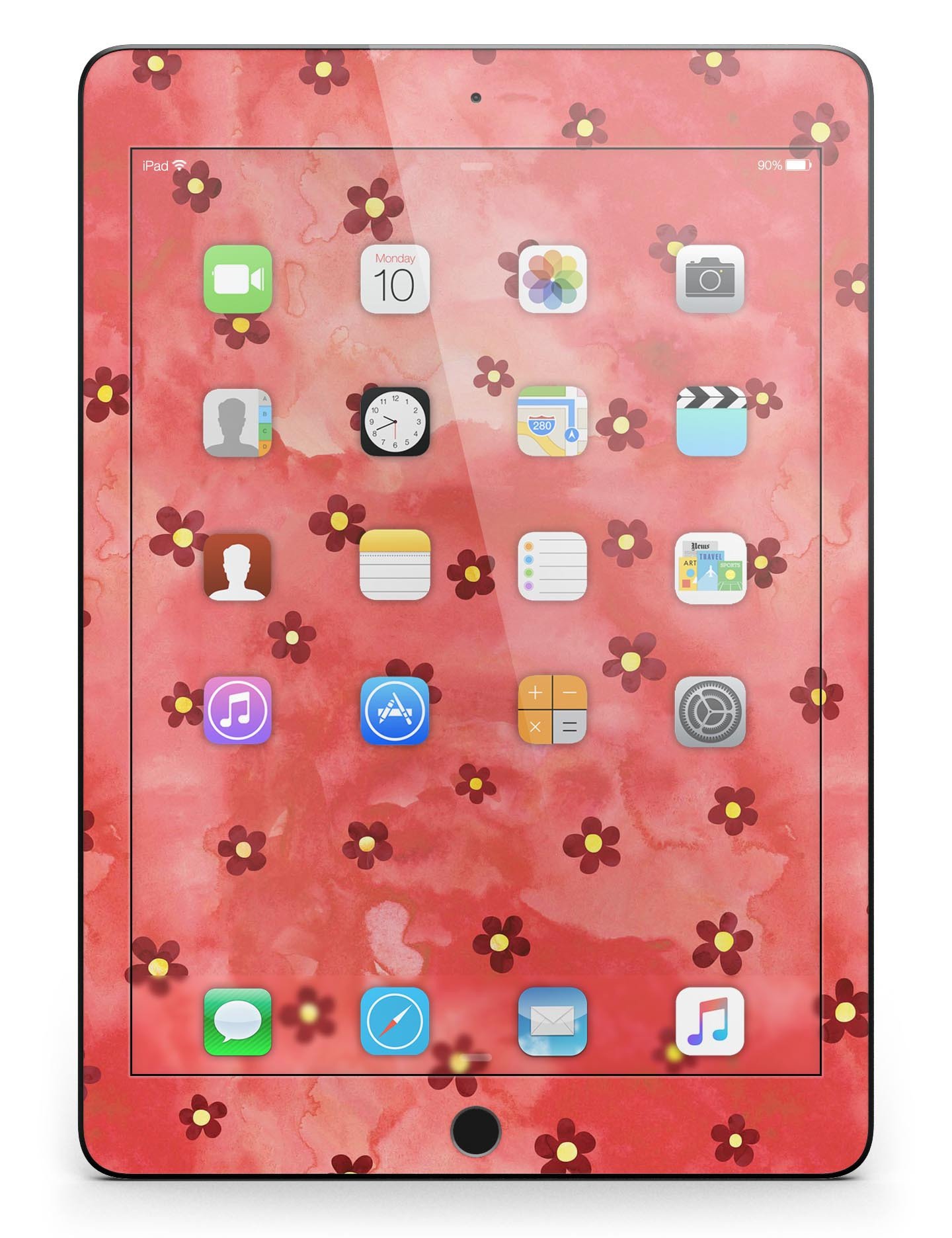 Cute watercolor flowers design on a red full body skin for the iPad Pro, showcasing vibrant colors and a stylish look.