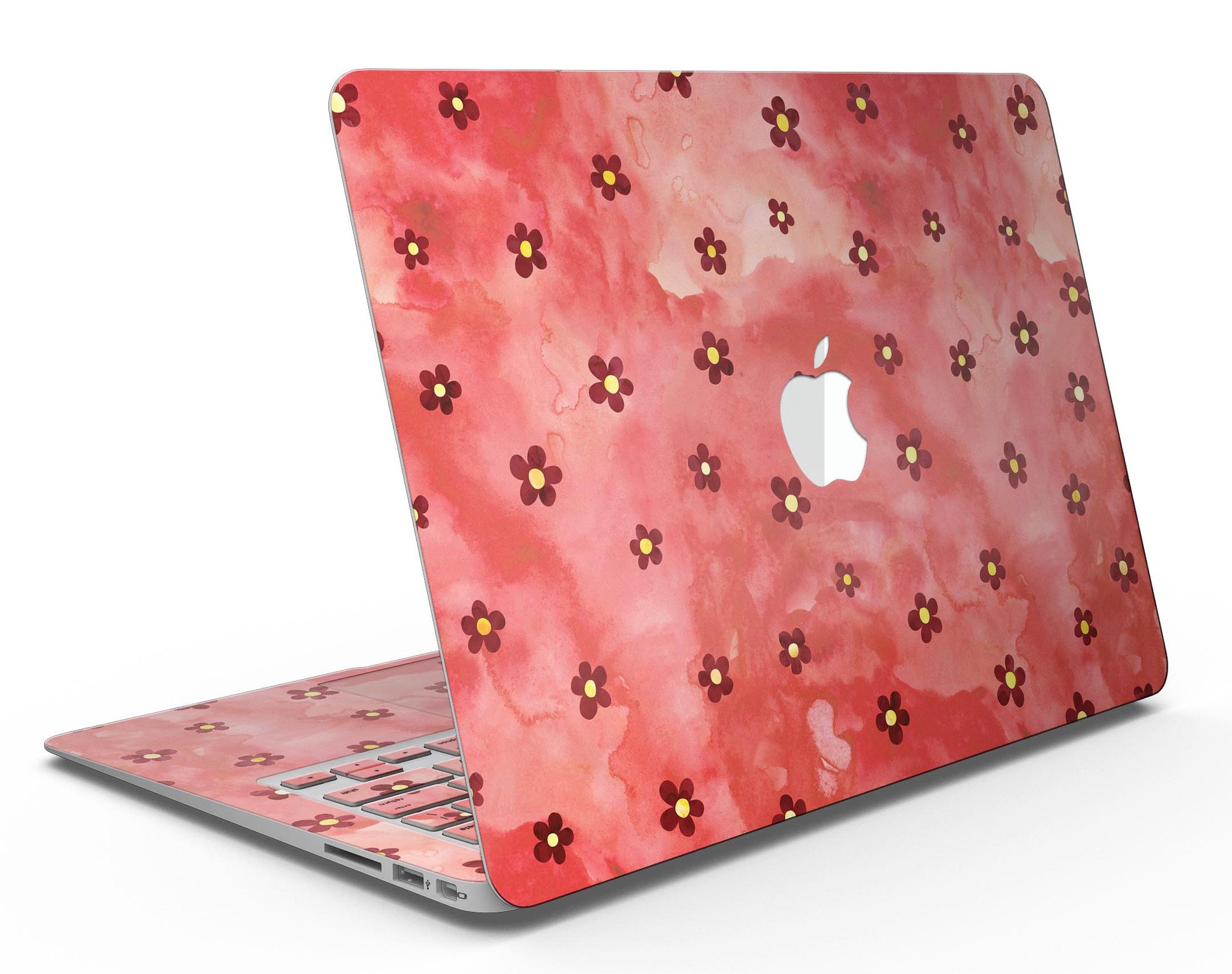 Cute Watercolor Flowers skin for MacBook Air, featuring vibrant floral designs on a red background, showcasing style and protection.