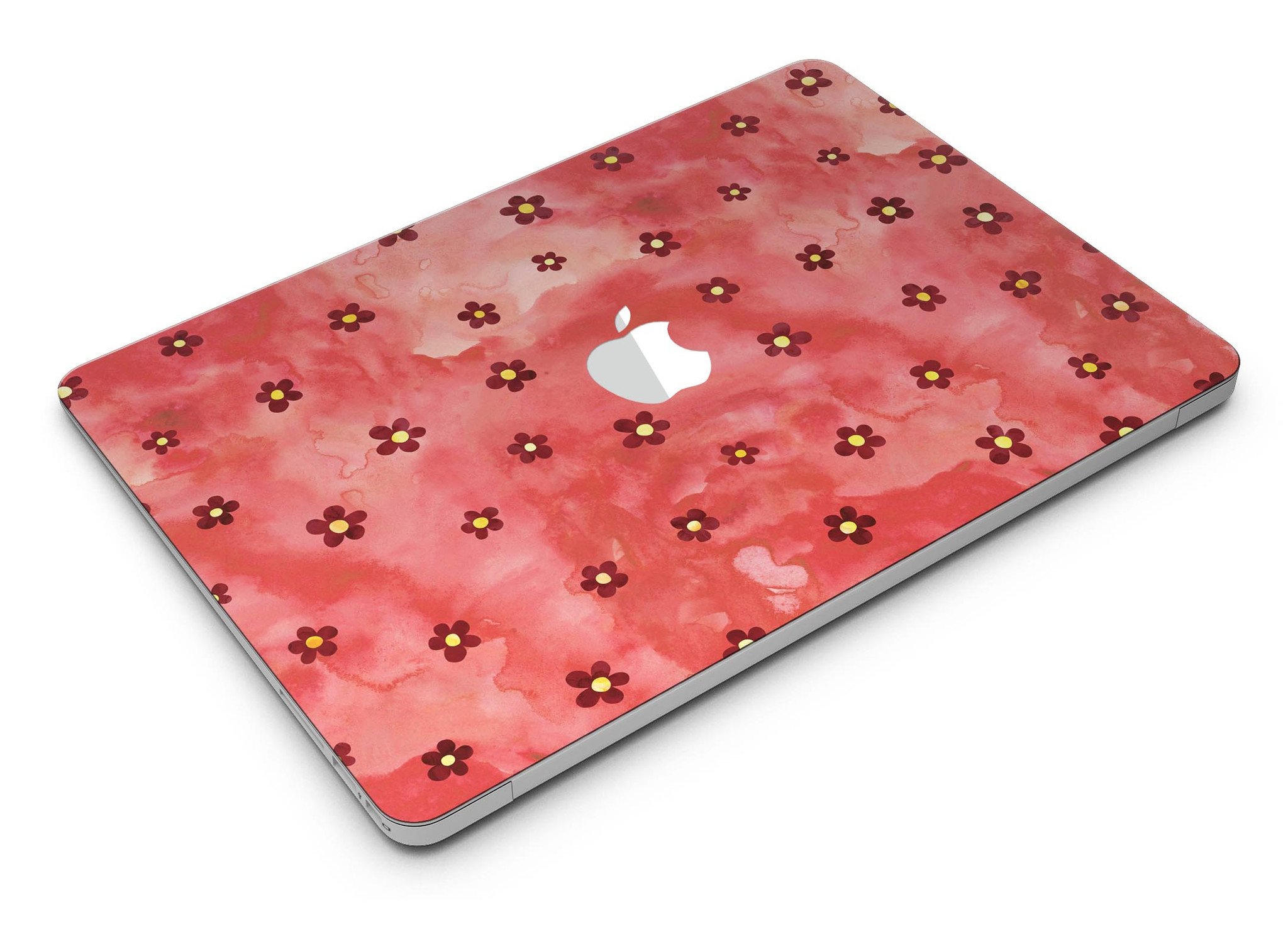 Cute Watercolor Flowers skin for MacBook Air, featuring vibrant floral designs on a red background, showcasing style and protection.