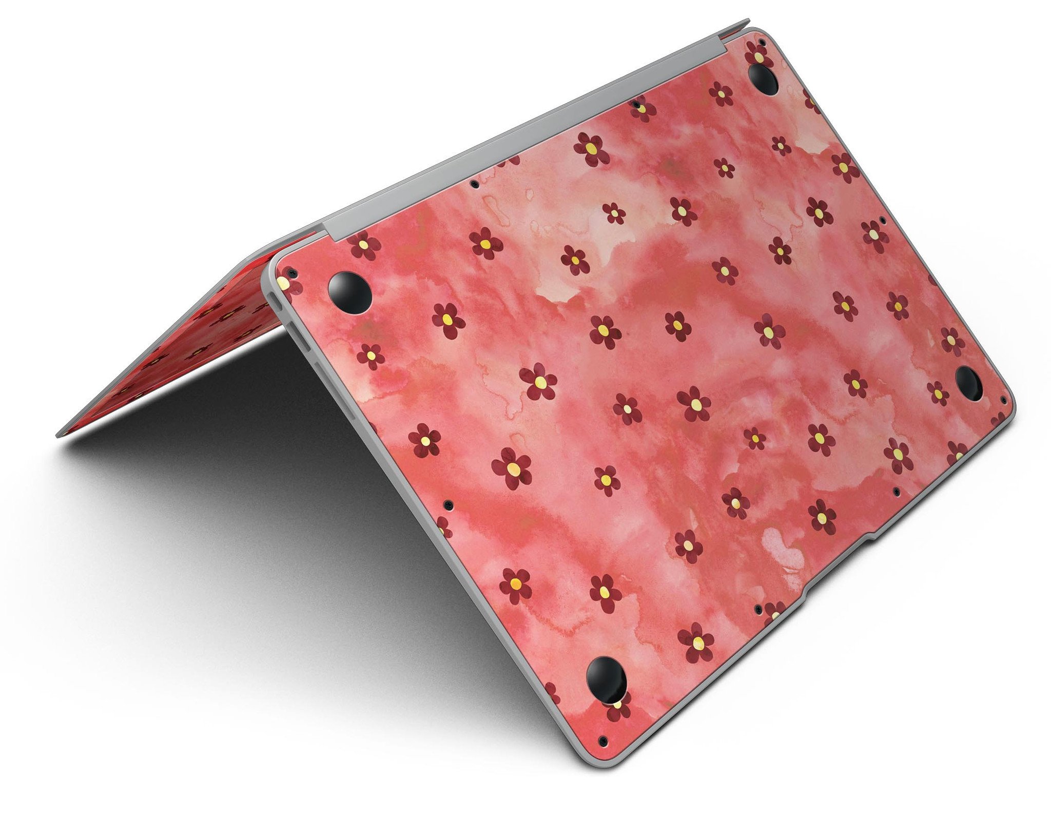 Cute Watercolor Flowers skin for MacBook Air, featuring vibrant floral designs on a red background, showcasing style and protection.