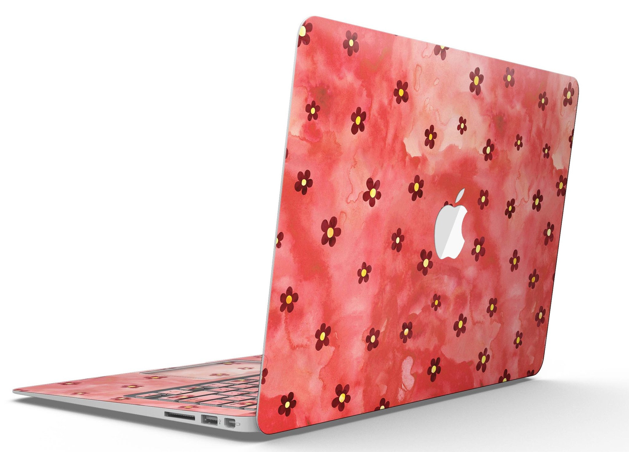 Cute Watercolor Flowers skin for MacBook Air, featuring vibrant floral designs on a red background, showcasing style and protection.