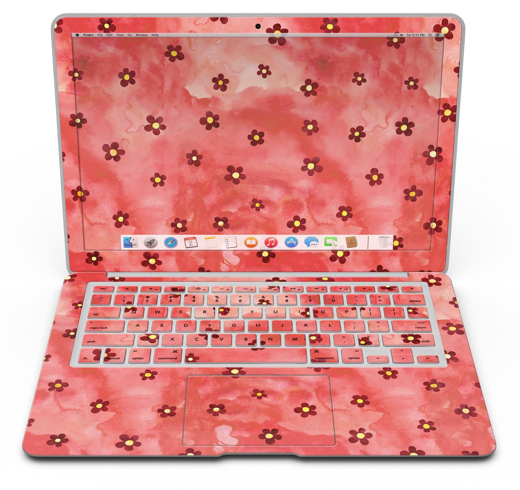 Cute Watercolor Flowers skin for MacBook Air, featuring vibrant floral designs on a red background, showcasing style and protection.