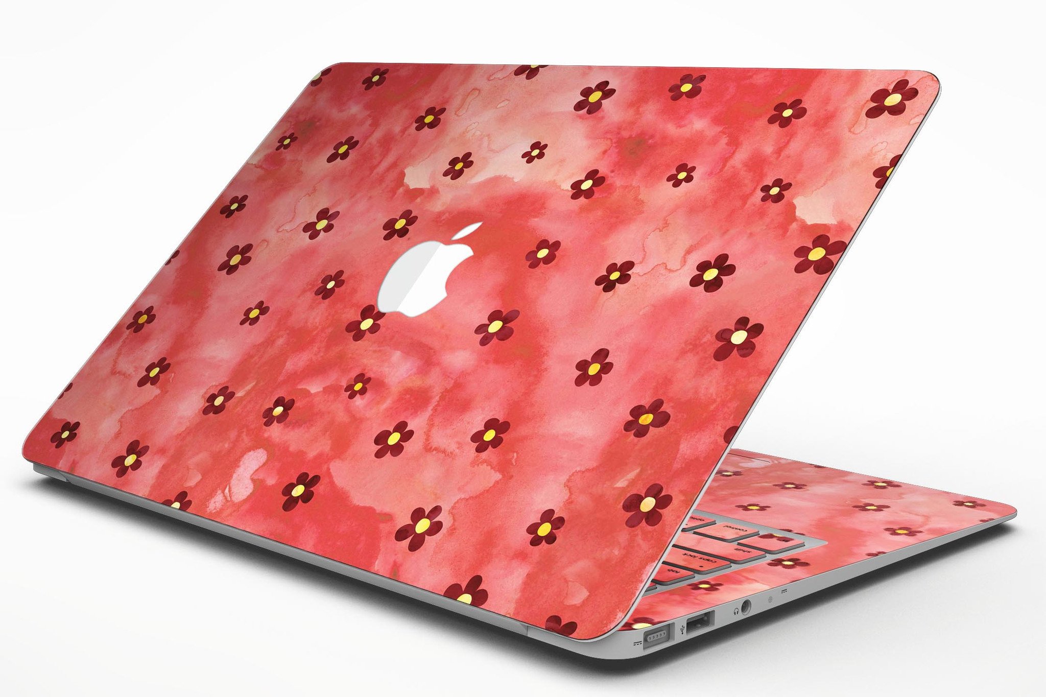 Cute Watercolor Flowers skin for MacBook Air, featuring vibrant floral designs on a red background, showcasing style and protection.