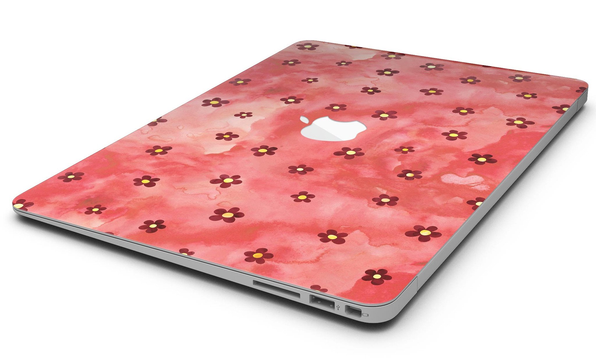 Cute Watercolor Flowers skin for MacBook Air, featuring vibrant floral designs on a red background, showcasing style and protection.