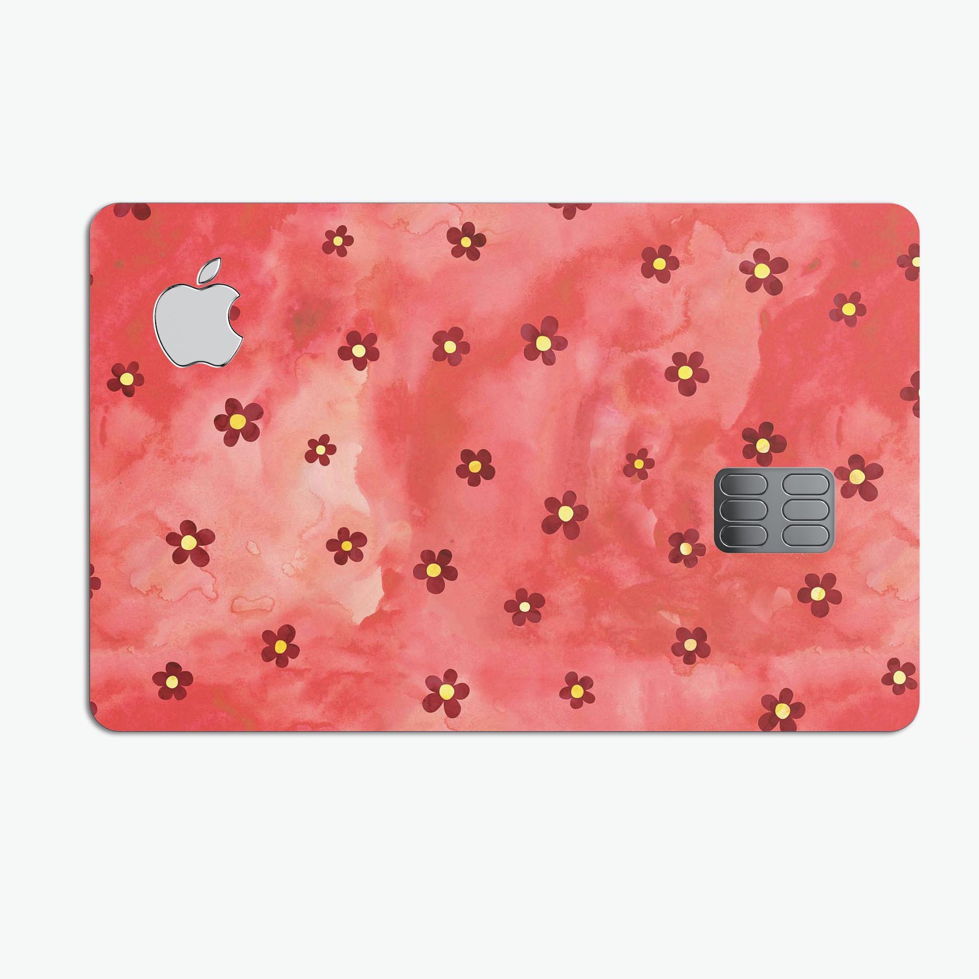 Cute Watercolor Flowers decal skin for Apple Card, featuring a vibrant red background and floral design, providing stylish protection.