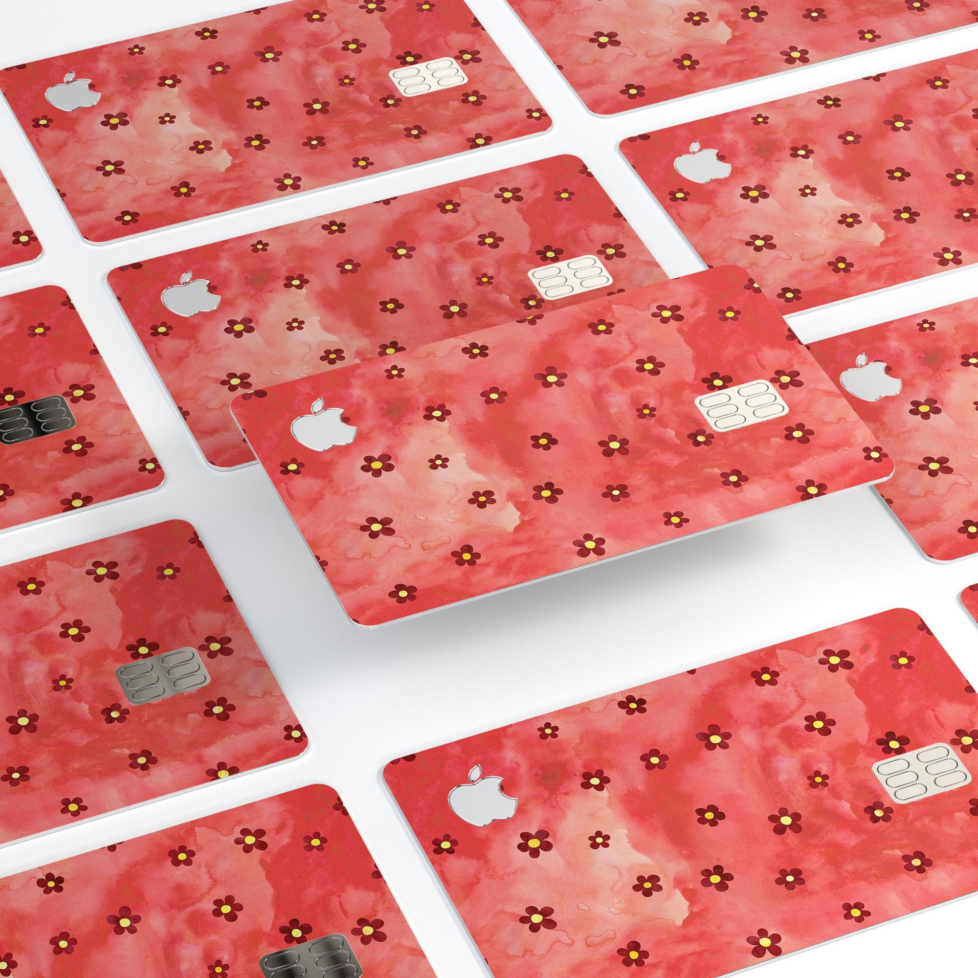 Cute Watercolor Flowers decal skin for Apple Card, featuring a vibrant red background and floral design, providing stylish protection.