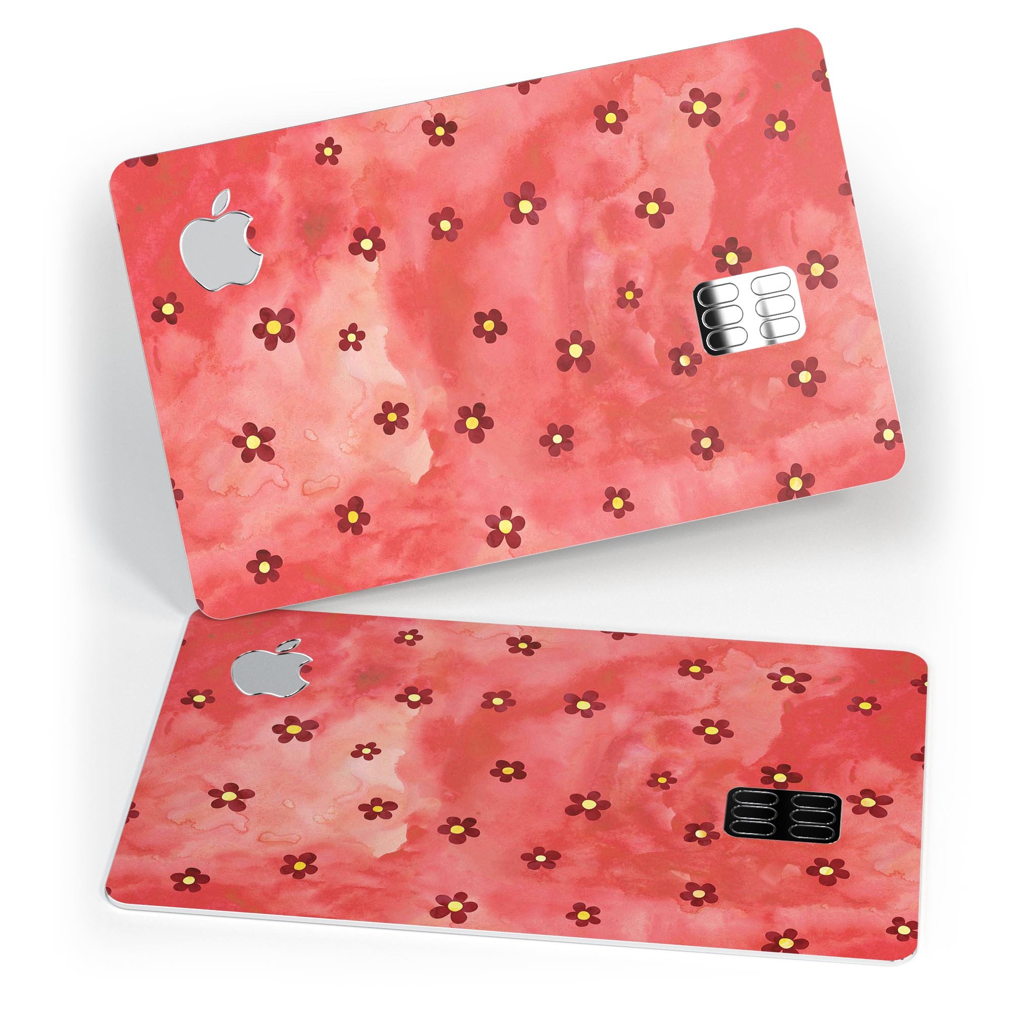 Cute Watercolor Flowers decal skin for Apple Card, featuring a vibrant red background and floral design, providing stylish protection.