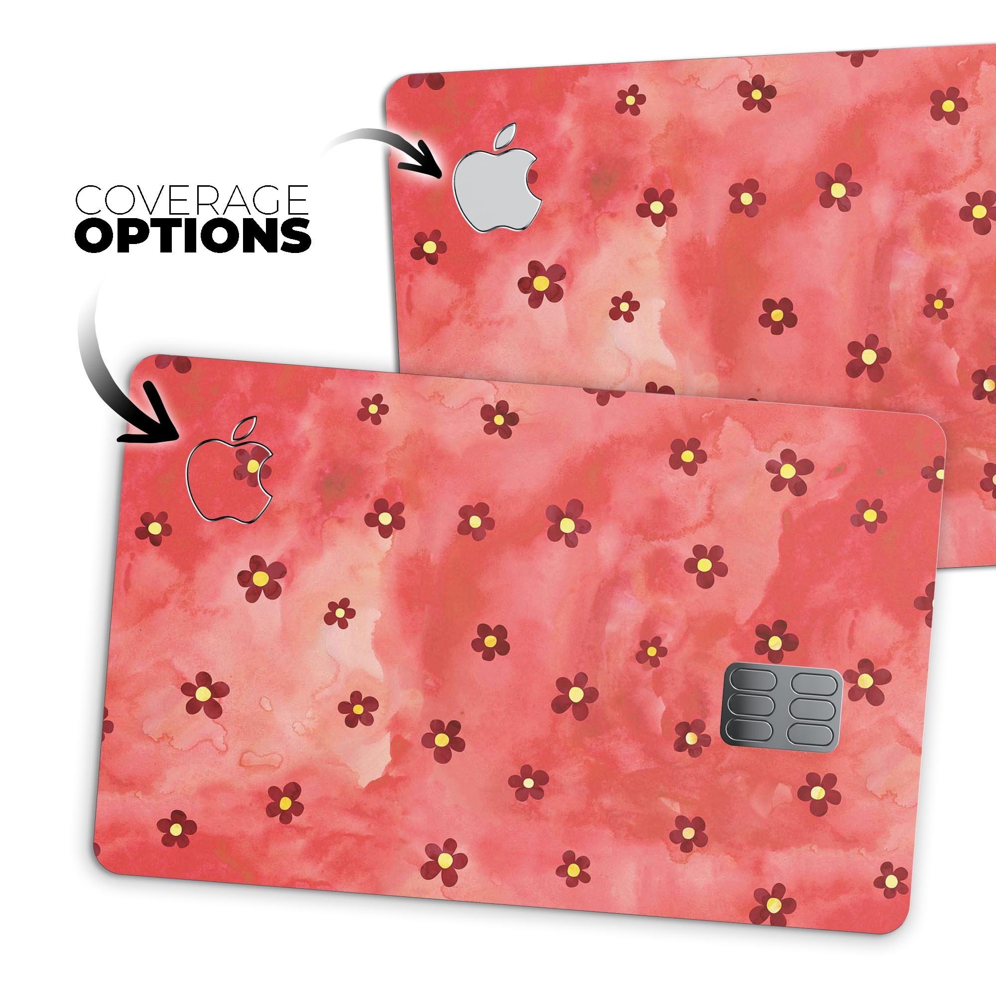 Cute Watercolor Flowers decal skin for Apple Card, featuring a vibrant red background and floral design, providing stylish protection.