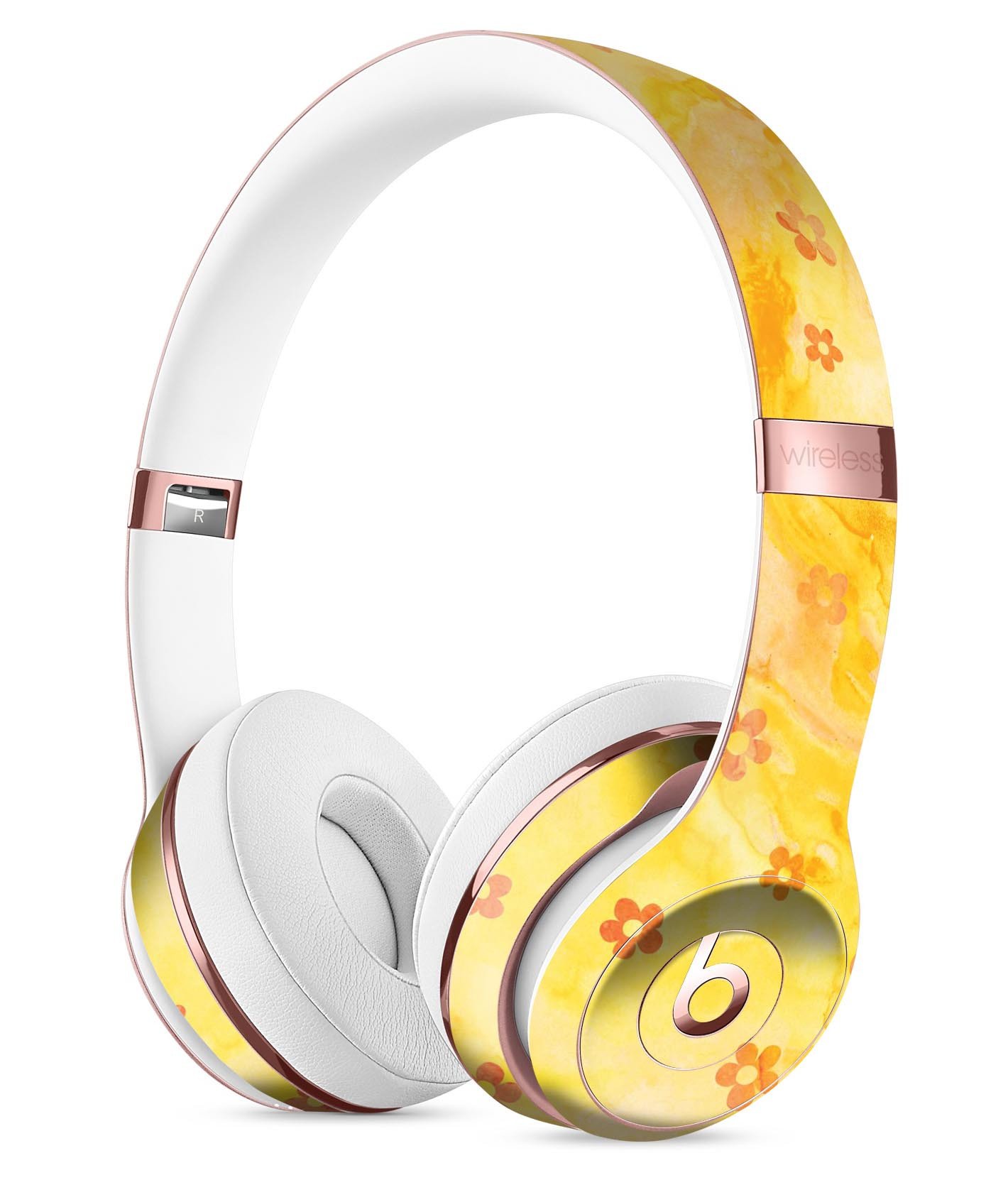 Cute Watercolor Flowers Skin Kit for Beats by Dre Solo 3 Wireless Headphones, showcasing vibrant floral patterns on a yellow background.