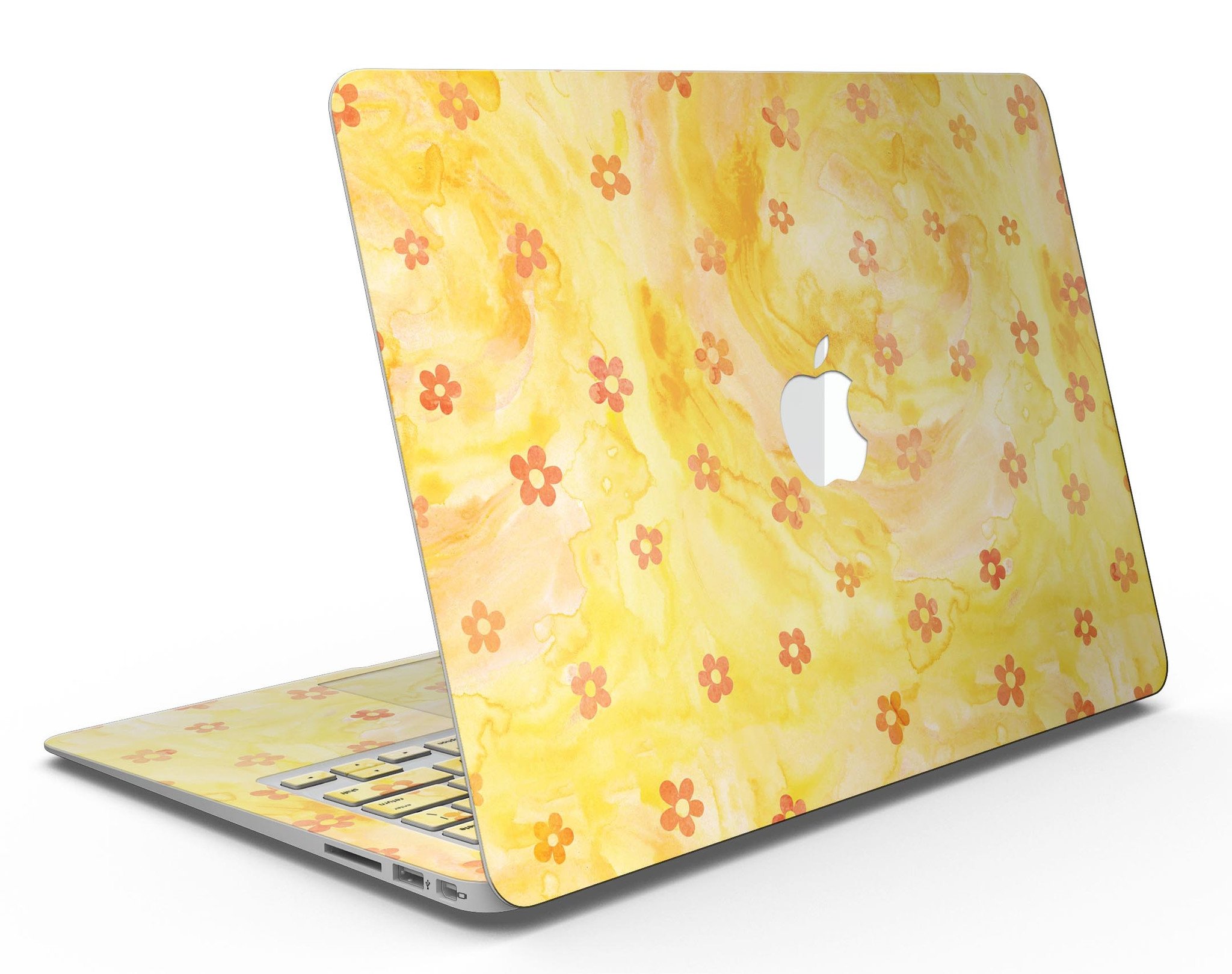 Cute Watercolor Flowers skin kit for MacBook Air, featuring a vibrant yellow background and floral design, providing style and protection.