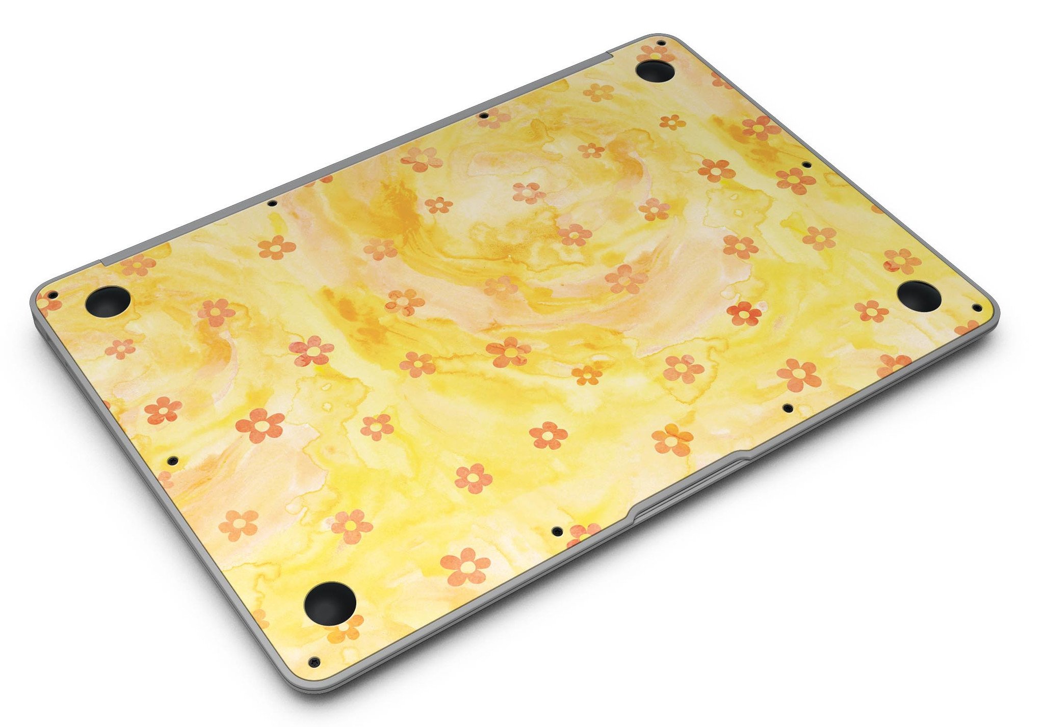 Cute Watercolor Flowers skin kit for MacBook Air, featuring a vibrant yellow background and floral design, providing style and protection.