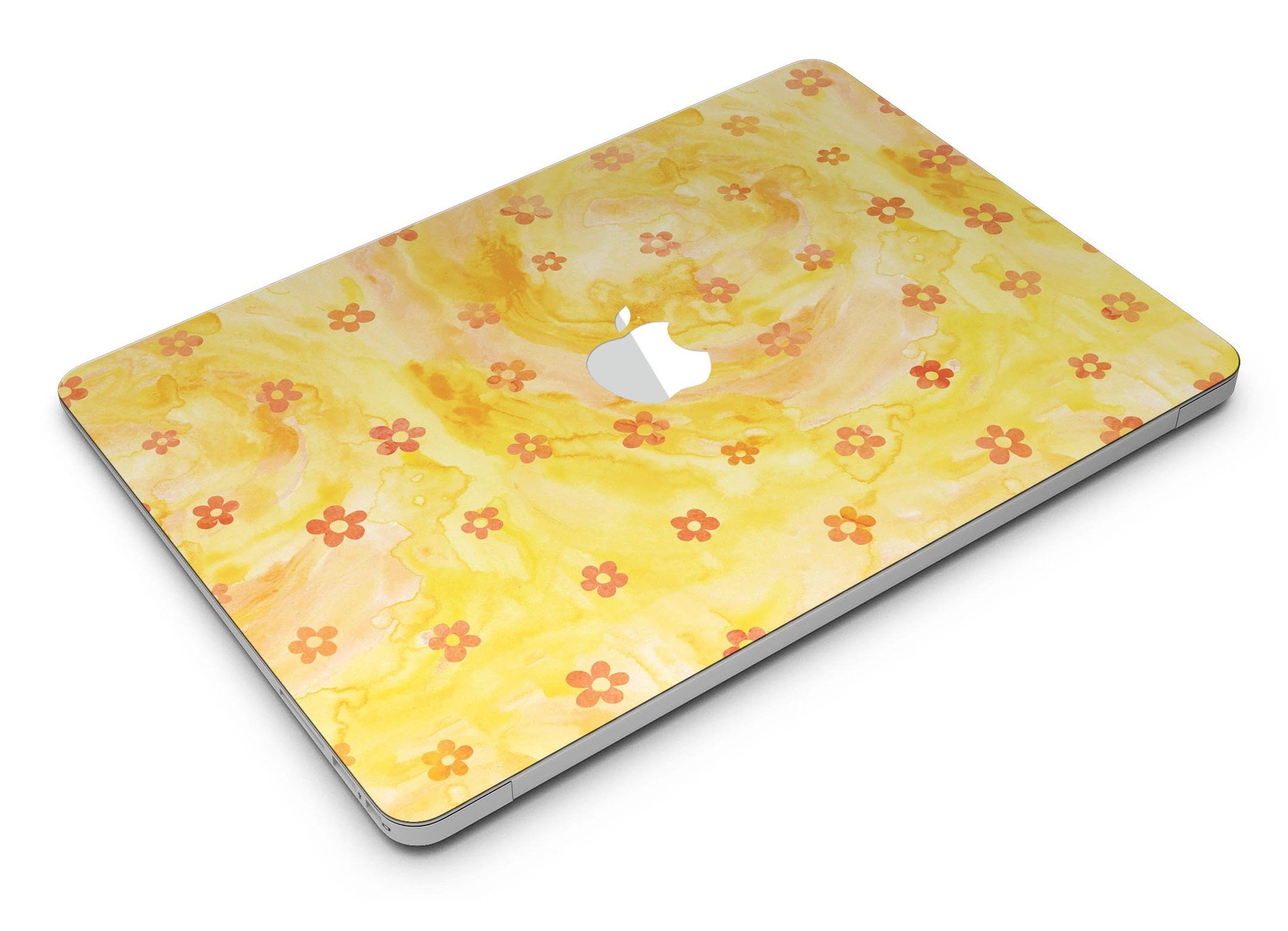 Cute Watercolor Flowers skin kit for MacBook Air, featuring a vibrant yellow background and floral design, providing style and protection.