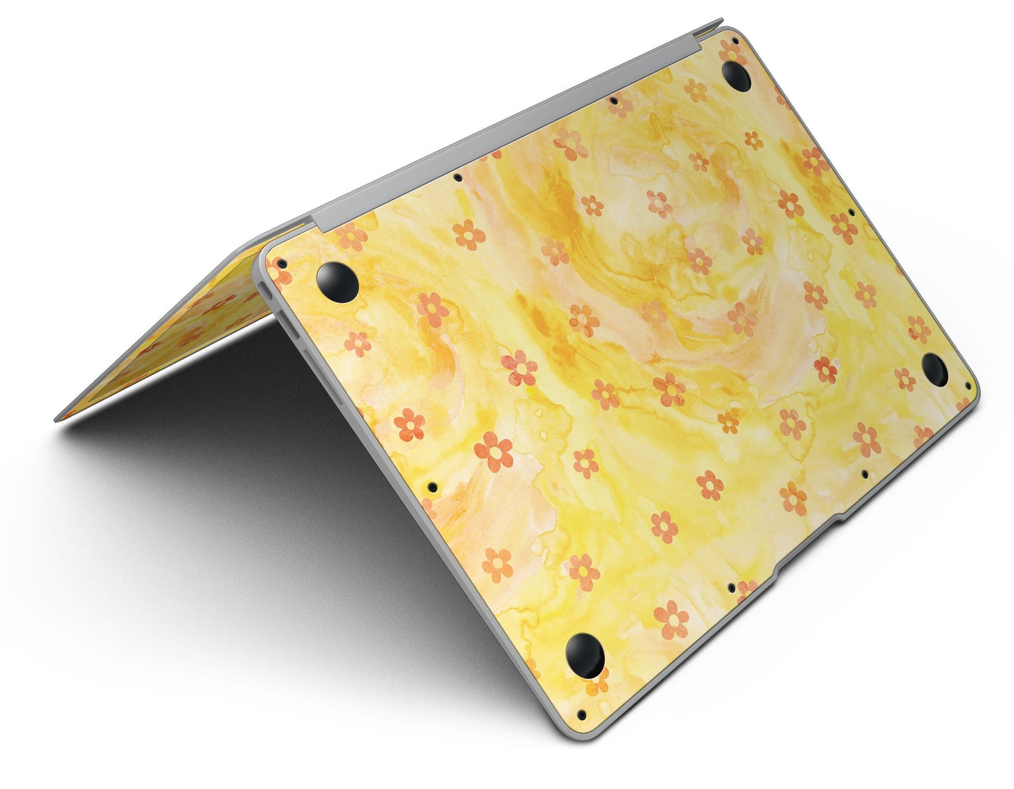 Cute Watercolor Flowers skin kit for MacBook Air, featuring a vibrant yellow background and floral design, providing style and protection.