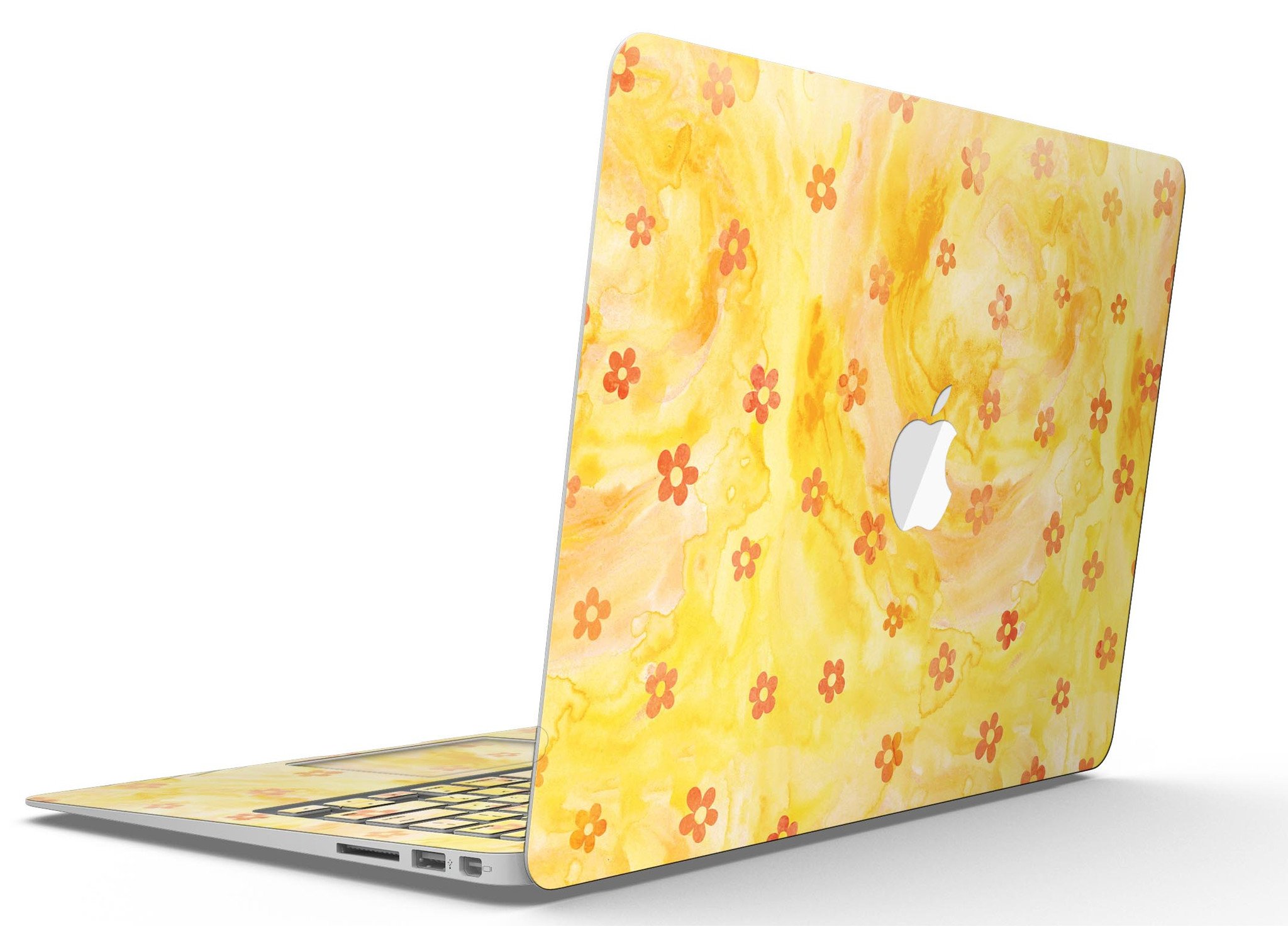 Cute Watercolor Flowers skin kit for MacBook Air, featuring a vibrant yellow background and floral design, providing style and protection.