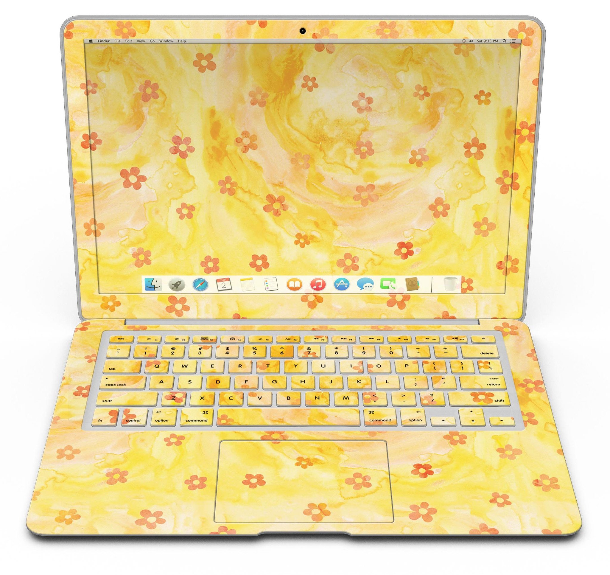 Cute Watercolor Flowers skin kit for MacBook Air, featuring a vibrant yellow background and floral design, providing style and protection.