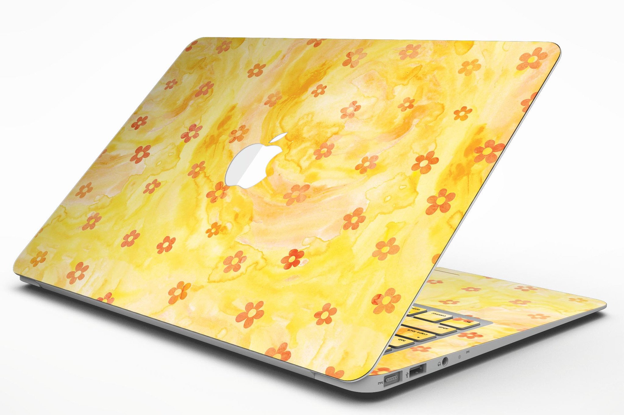 Cute Watercolor Flowers skin kit for MacBook Air, featuring a vibrant yellow background and floral design, providing style and protection.