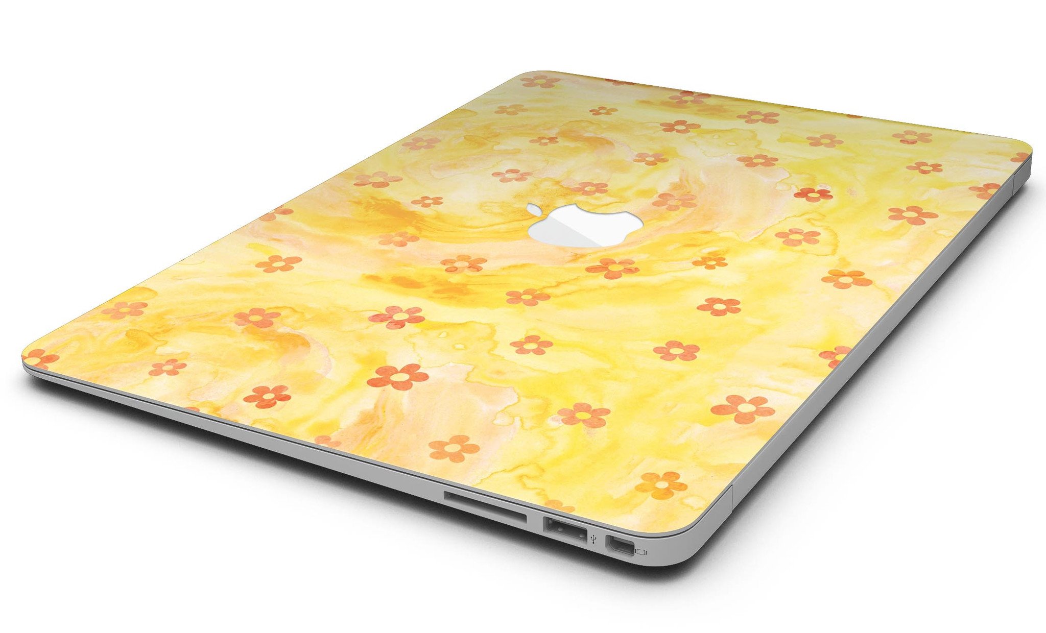 Cute Watercolor Flowers skin kit for MacBook Air, featuring a vibrant yellow background and floral design, providing style and protection.