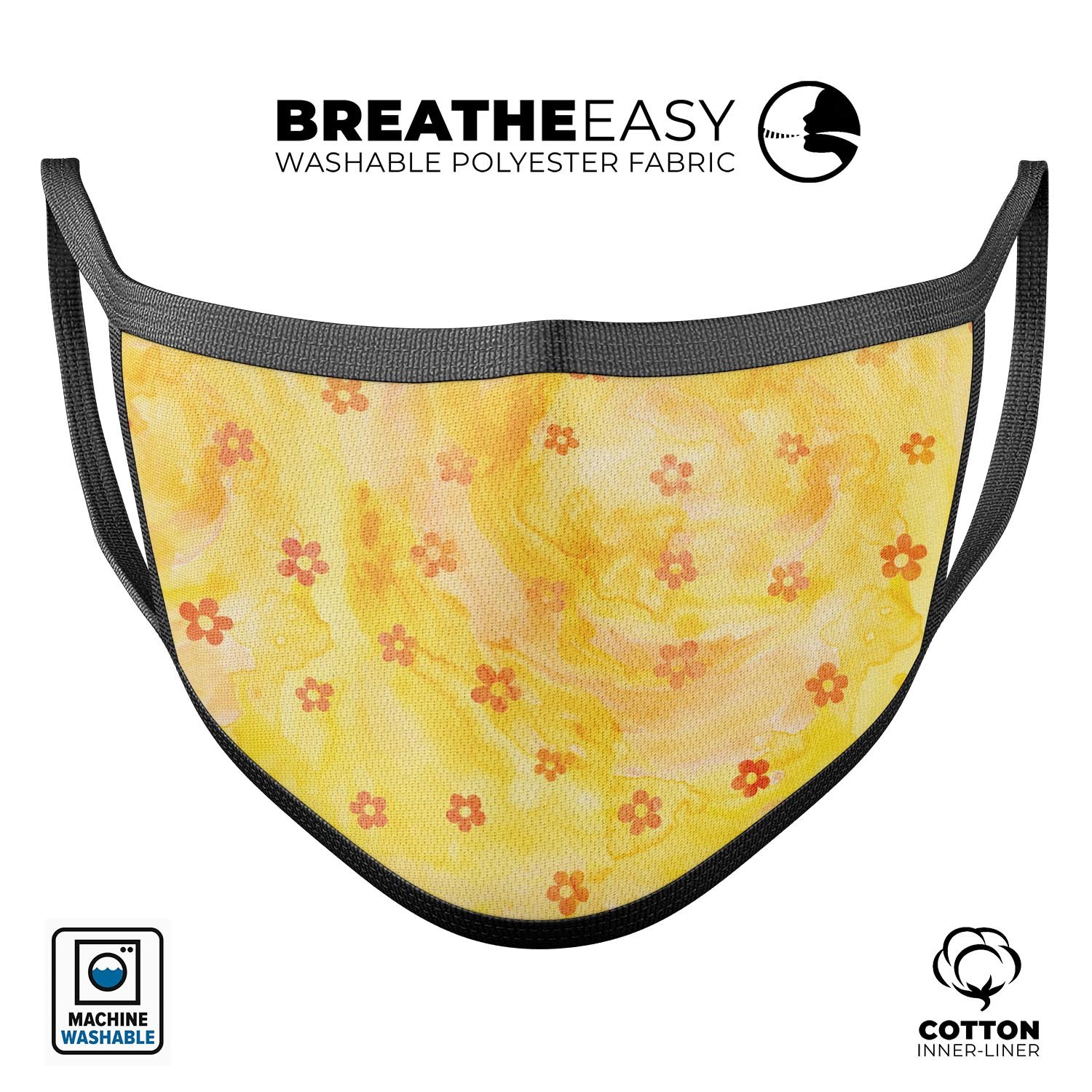 Cute watercolor flowers design on a unisex mouth cover, made in the USA, showcasing adjustable ear loops and soft cotton material.