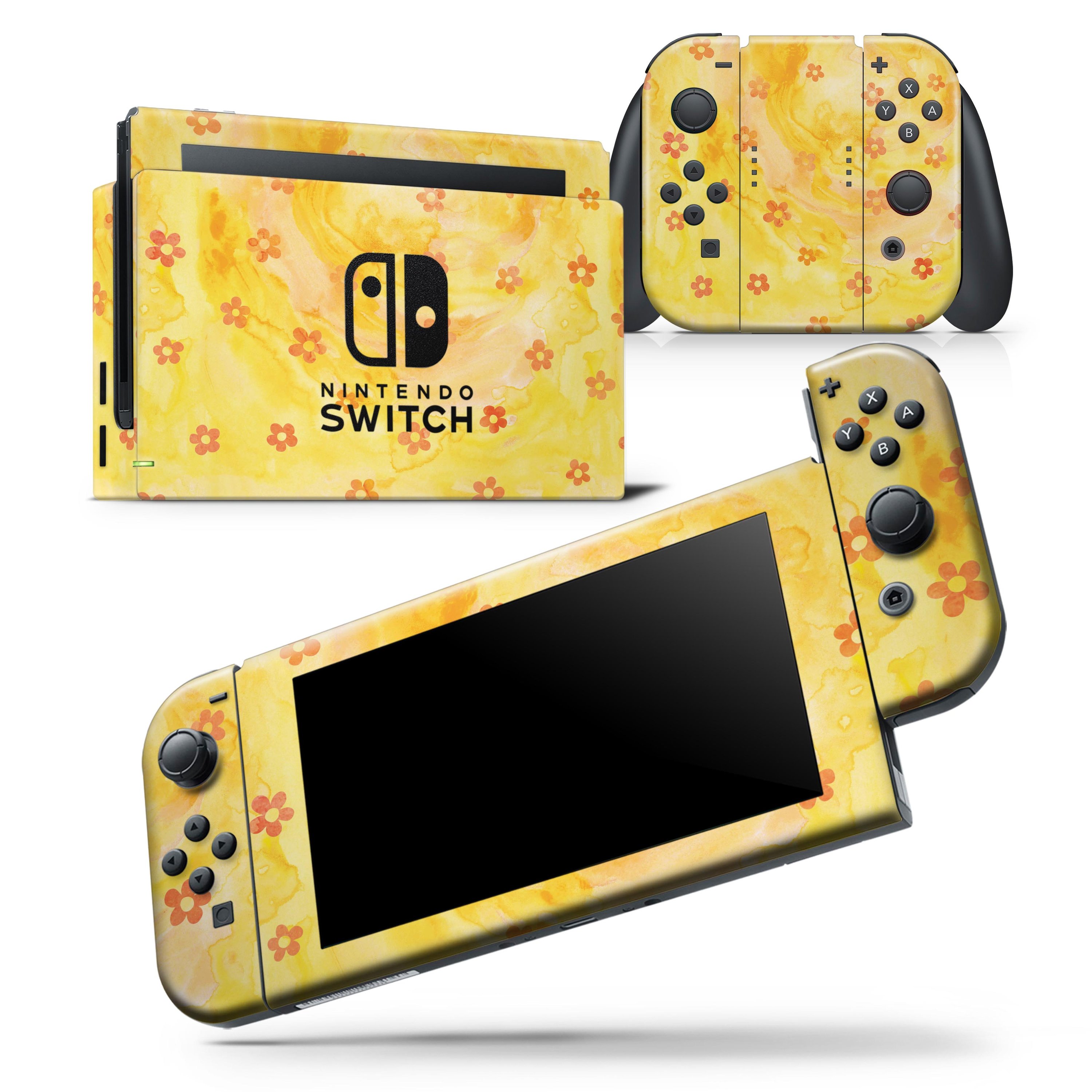 Cute Watercolor Flowers skin wrap decal for Nintendo Switch, featuring a vibrant yellow background and floral design.