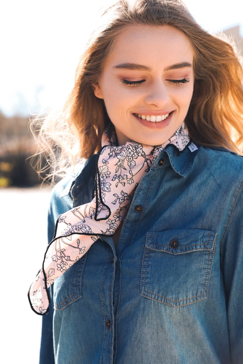 Cutesy Floral Bandana featuring a charming peach floral design, perfect for festivals and stylish outfits.