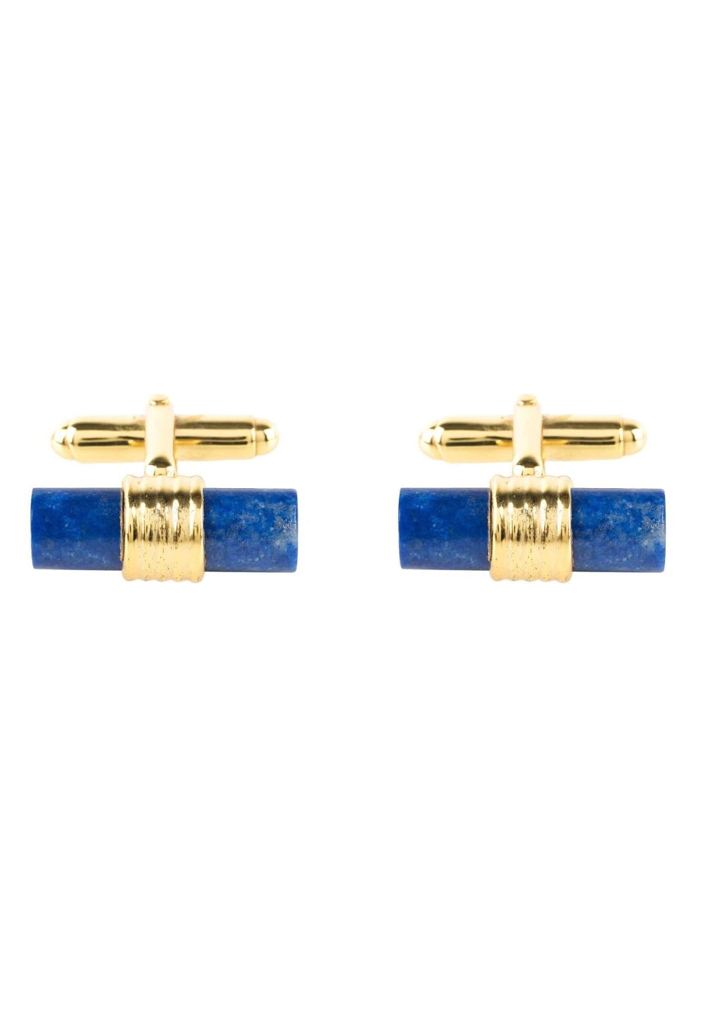 Elegant cylindrical cufflinks featuring gold and blue lapis lazuli, showcasing an art deco design.