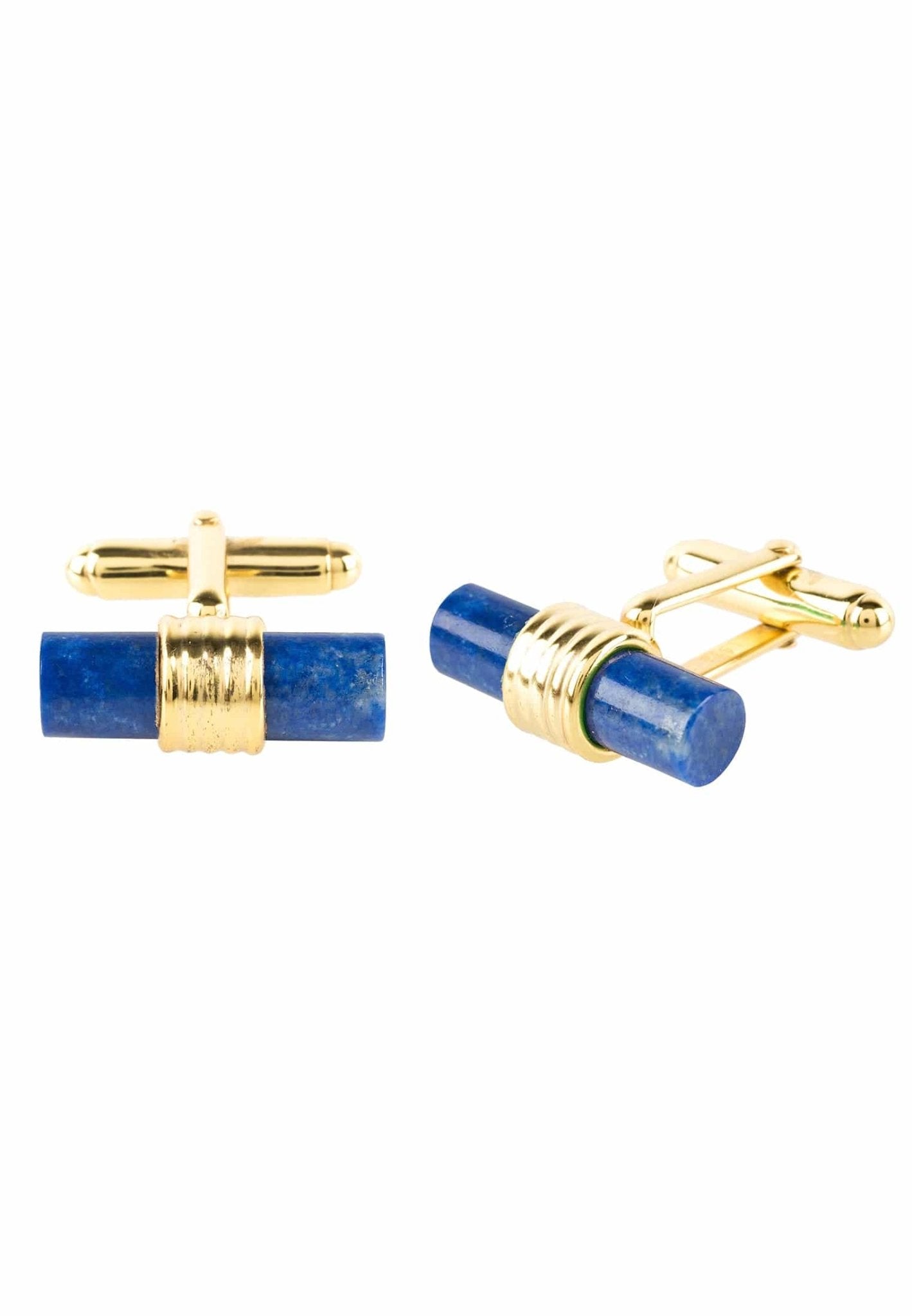 Elegant cylindrical cufflinks featuring gold and blue lapis lazuli, showcasing an art deco design.