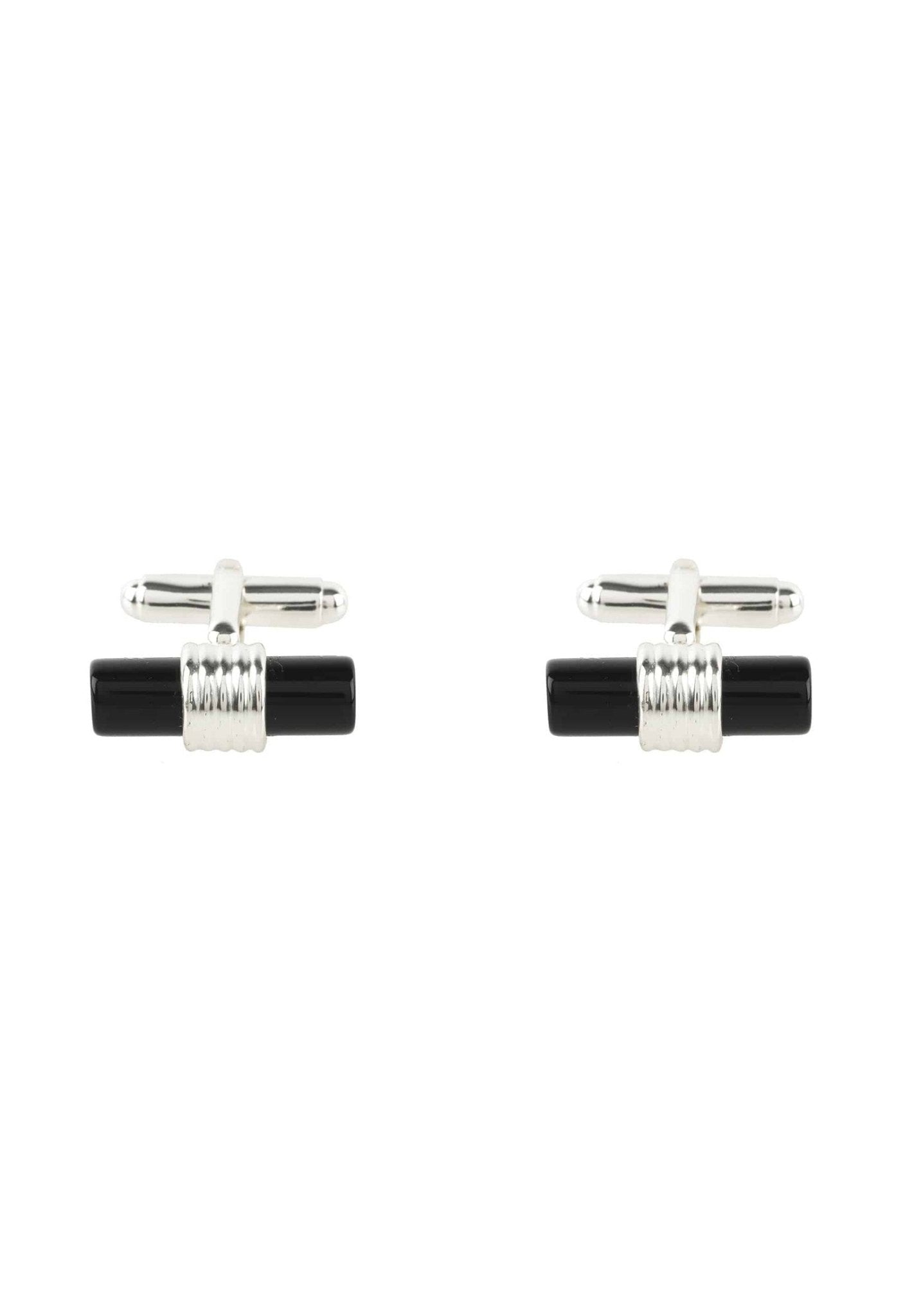 Stylish cylindrical cufflinks featuring silver and black onyx gemstone, showcasing an art deco design.