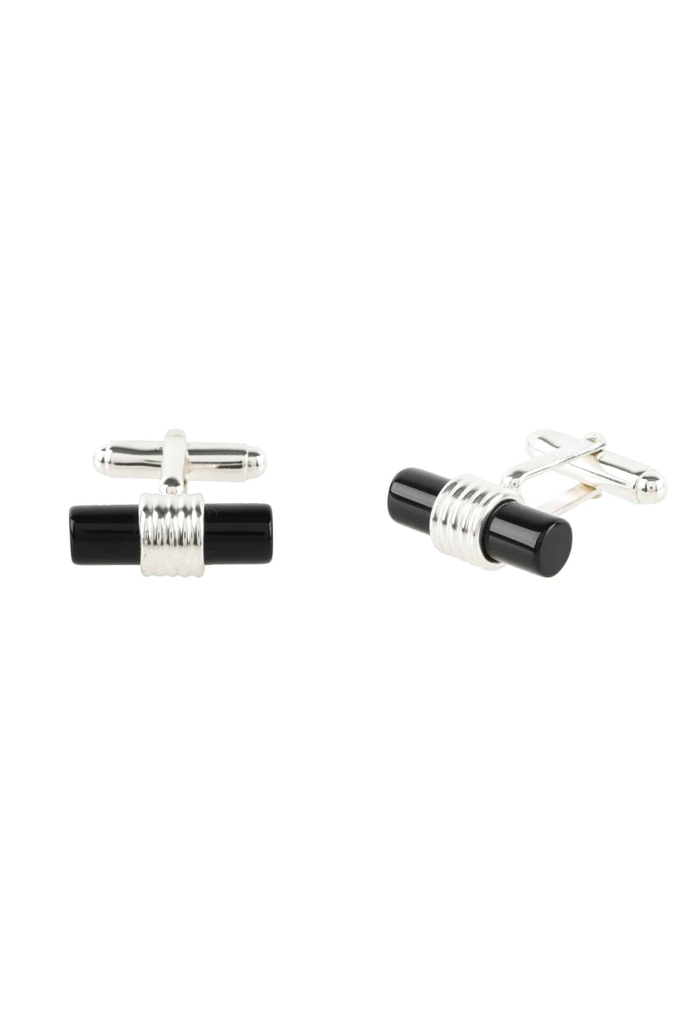 Stylish cylindrical cufflinks featuring silver and black onyx gemstone, showcasing an art deco design.