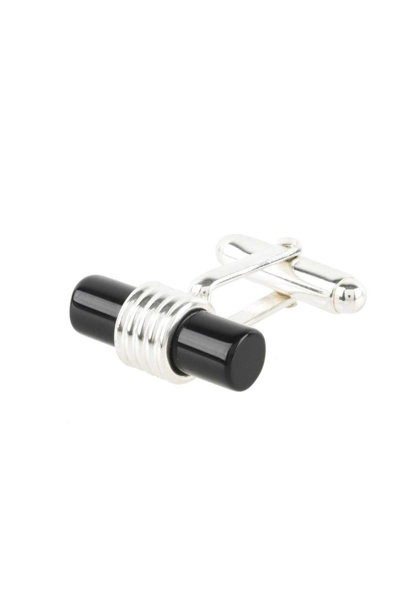 Stylish cylindrical cufflinks featuring silver and black onyx gemstone, showcasing an art deco design.