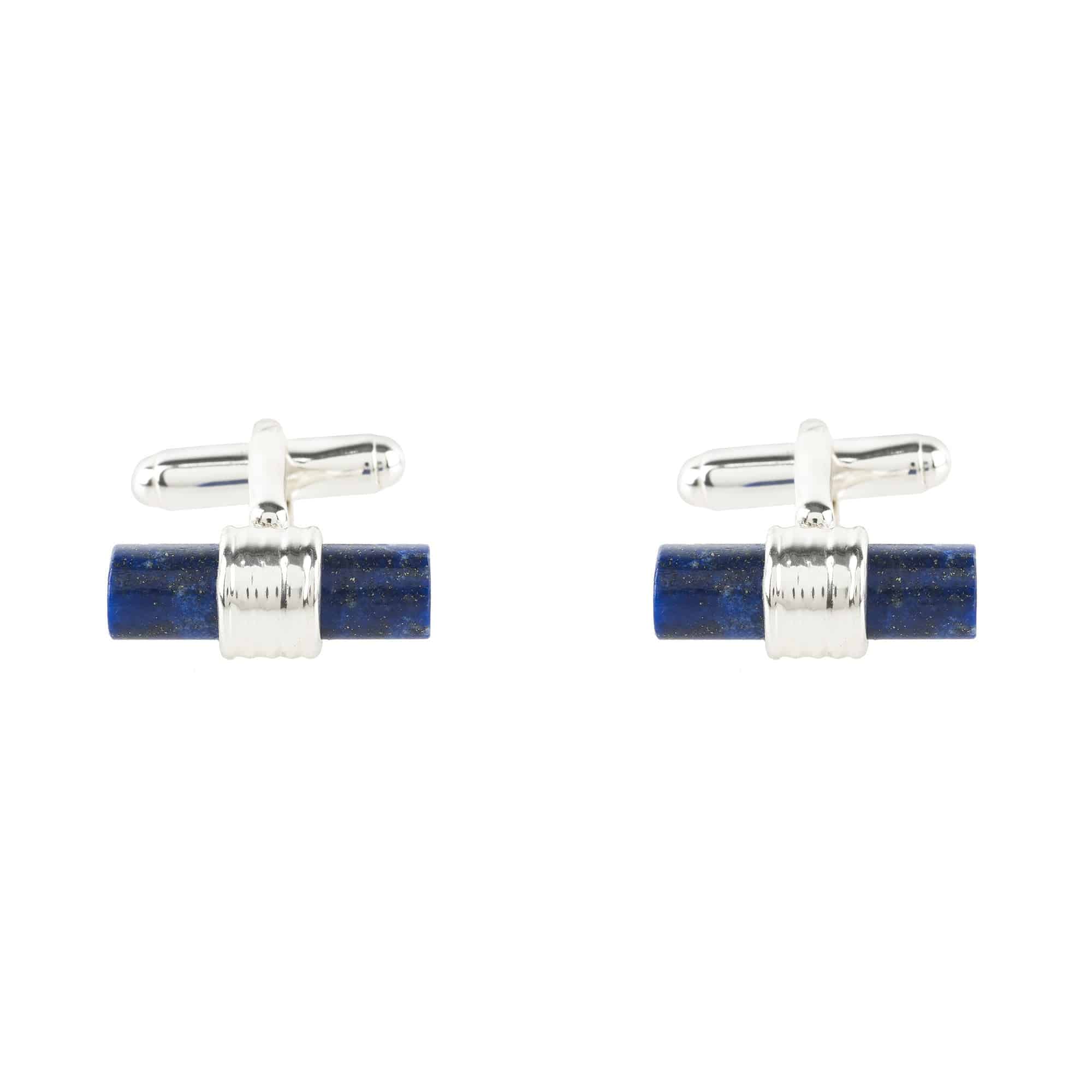 Cylindrical cufflinks made of 925 sterling silver featuring a blue lapis lazuli gemstone, showcasing an elegant art deco design.